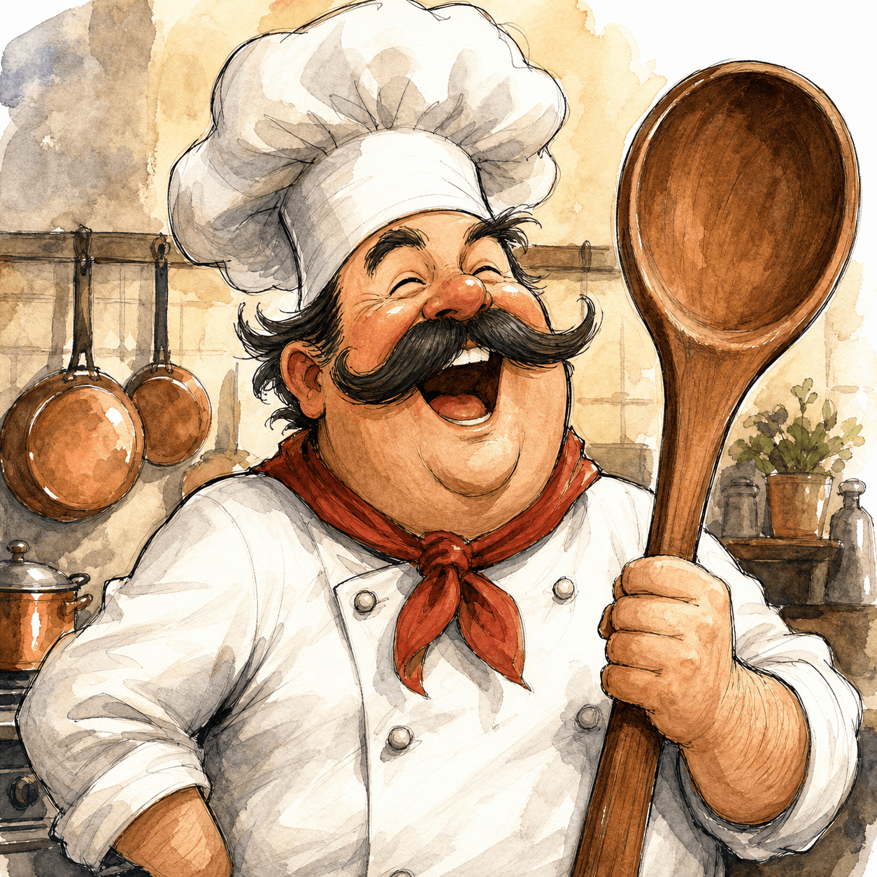 Caricature of a chef with a tall white hat and a thick handlebar moustache, holding a massive wooden spoon, laughing with eyes closed, simple kitchen background with hanging copper pans, ink and watercolor style, exaggerated proportions.
