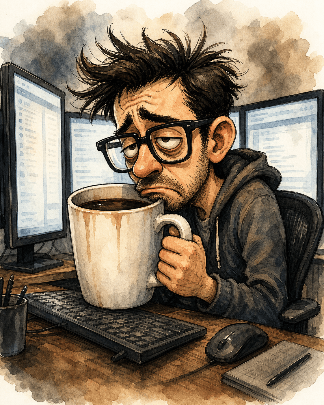 Caricature of a programmer with thick black-rimmed glasses and a coffee mug the size of his head, sitting in front of three glowing monitors, exaggerated tired expression, hunched posture, ink and watercolor style, simple desk setting.