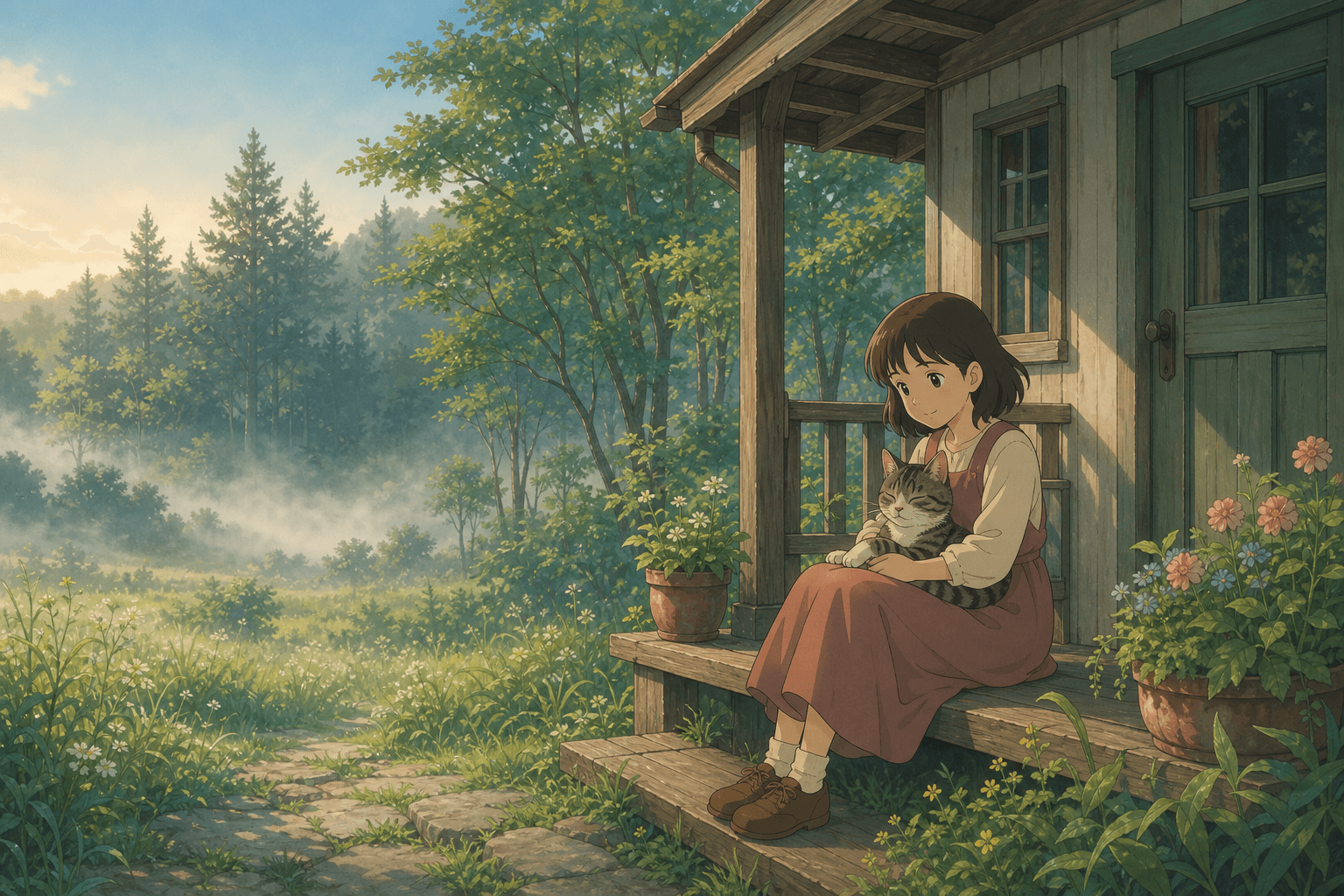 A small wooden cottage at the edge of a forest, soft morning mist rising from the grass, a young girl sitting on the porch with a striped cat in her lap, hand-painted background, warm muted color palette with greens and creams, gentle morning light, Studio Ghibli inspired animation style.