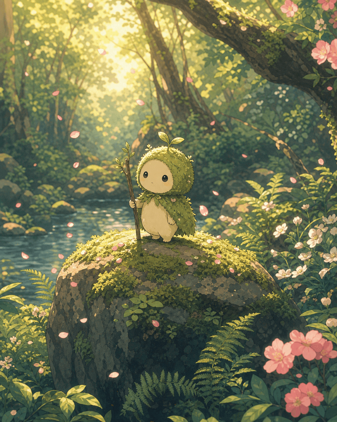 A tiny forest spirit standing on a moss-covered stone in a quiet glade, surrounded by ferns and falling petals, soft late-afternoon light filtering through the canopy, hand-painted Studio Ghibli style, warm pastel palette, gentle linework.