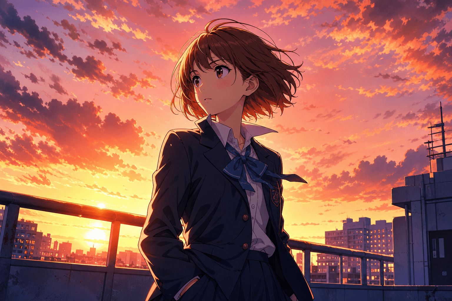 A teenage character with short auburn-brown hair and a navy school uniform with a blue ribbon tie, standing on a rooftop at sunset, slight wind in hair, three-quarter view, sharp anime line art, vibrant orange-pink sky, modern Japanese animation style, dramatic backlighting.