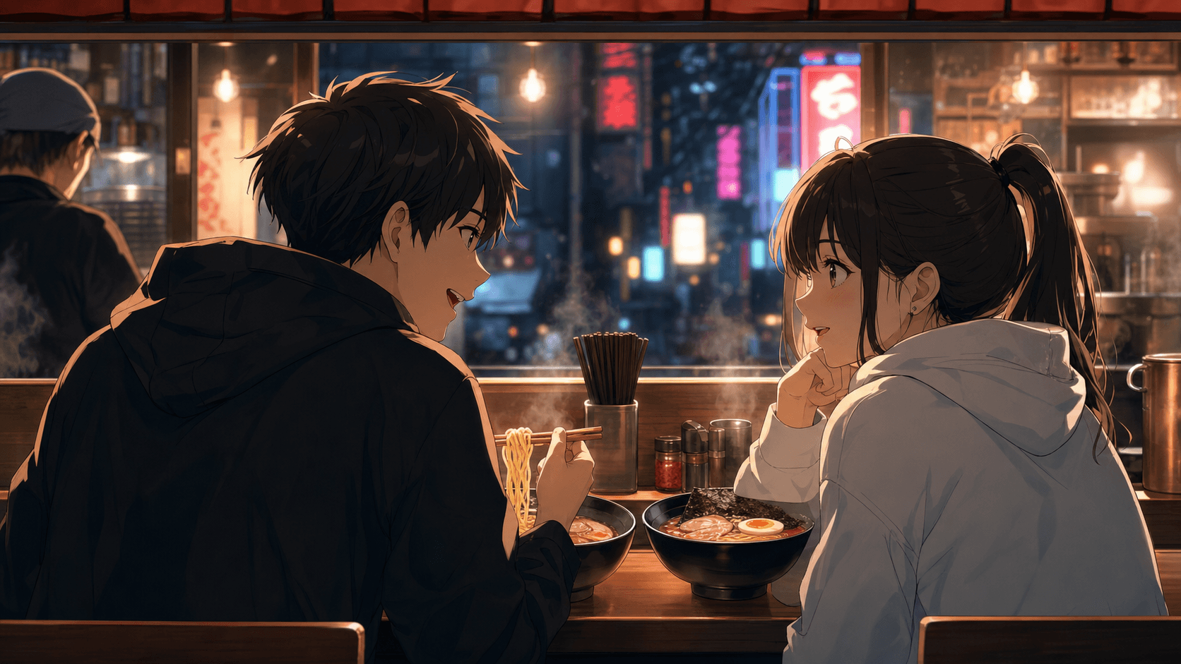 Two characters mid-conversation at a small ramen shop, neon signs in the background, soft steam rising from bowls, warm interior light, modern Japanese anime style, sharp lineart, cinematic composition, the camera positioned at counter height.