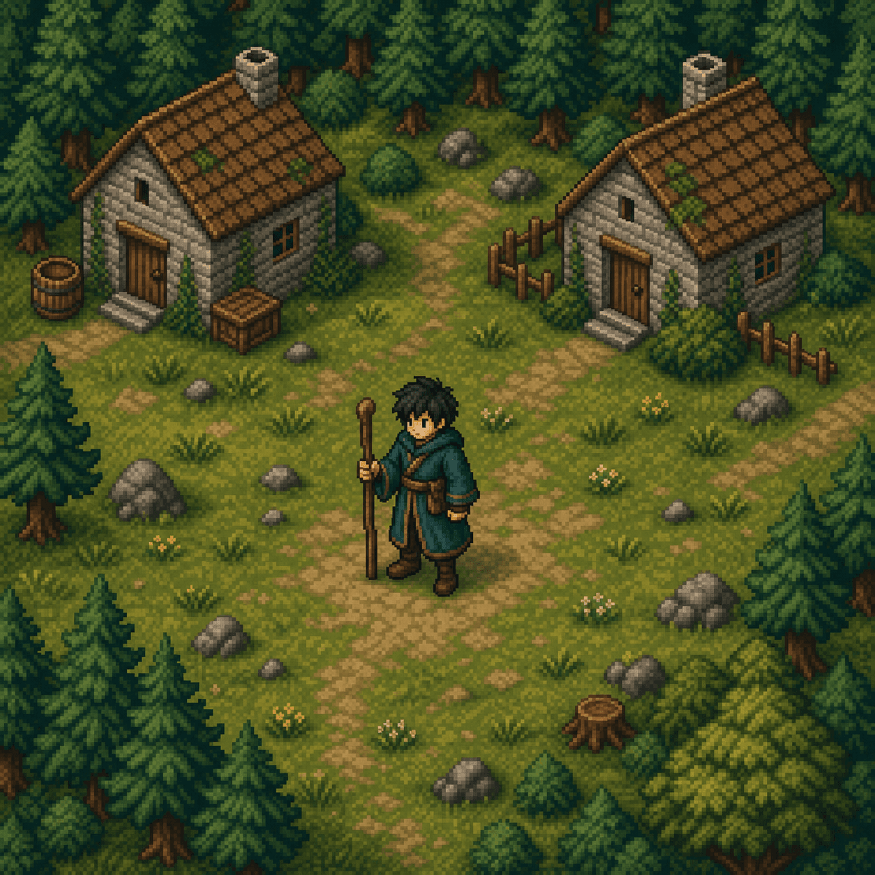 A pixel art sprite of a young warrior with dark teal robes and a plain wooden staff, standing in a forest clearing with two simple stone cottages in the background, isometric view, 16-bit SNES era aesthetic, limited palette of greens and browns, soft pixel shading.
