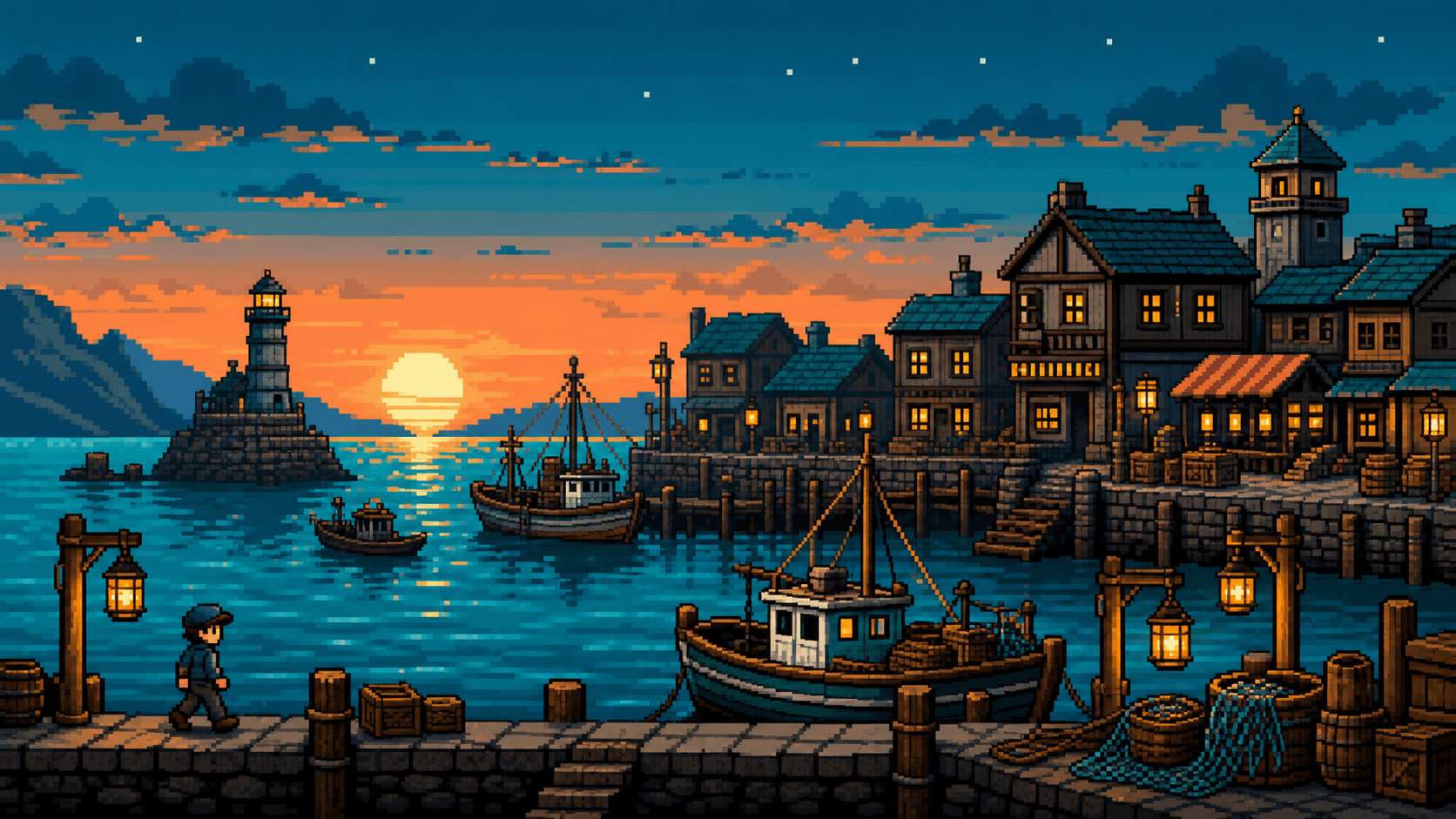 A pixel art side-scrolling scene of a small port town at dusk, fishing boats in the harbor, lanterns lighting the docks, 16-bit retro game aesthetic, NES-era palette of teals and warm oranges, clear pixel grid, no anti-aliasing.
