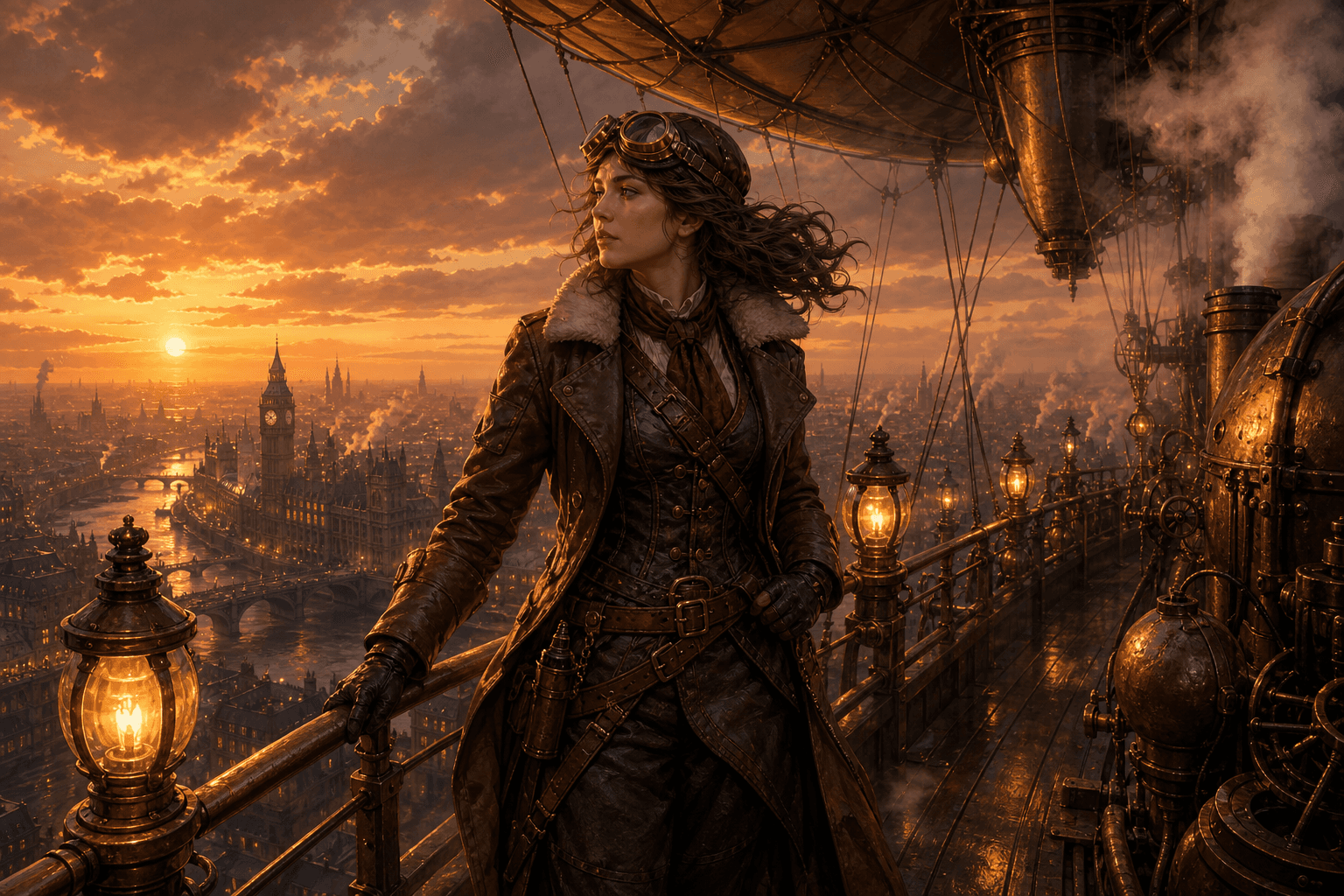 A woman in brass aviator goggles and a brown leather flight jacket standing on the deck of an airship, gas lamps glowing along the railing, steam rising from the engine compartment, Victorian London below at sunset, painterly steampunk illustration, brass and copper accents.
