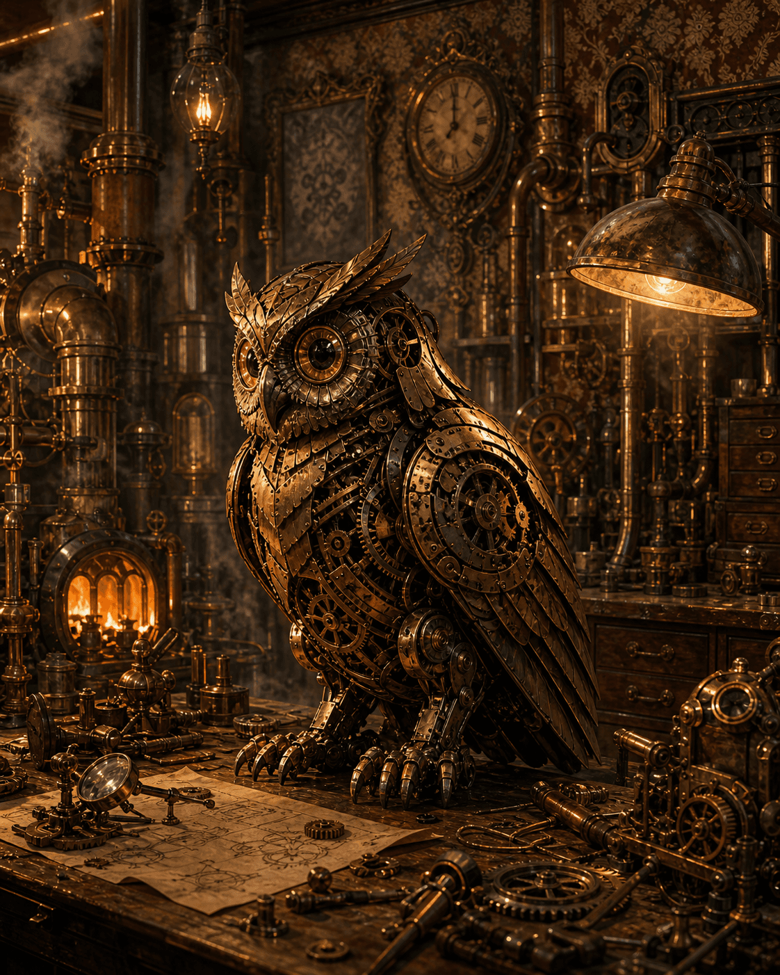 A workshop interior crowded with brass pipes, ticking gears, and a half-built mechanical owl on a workbench, warm foundry-glow lighting, victorian wallpaper visible through the haze, detailed steampunk illustration, painterly, atmospheric.