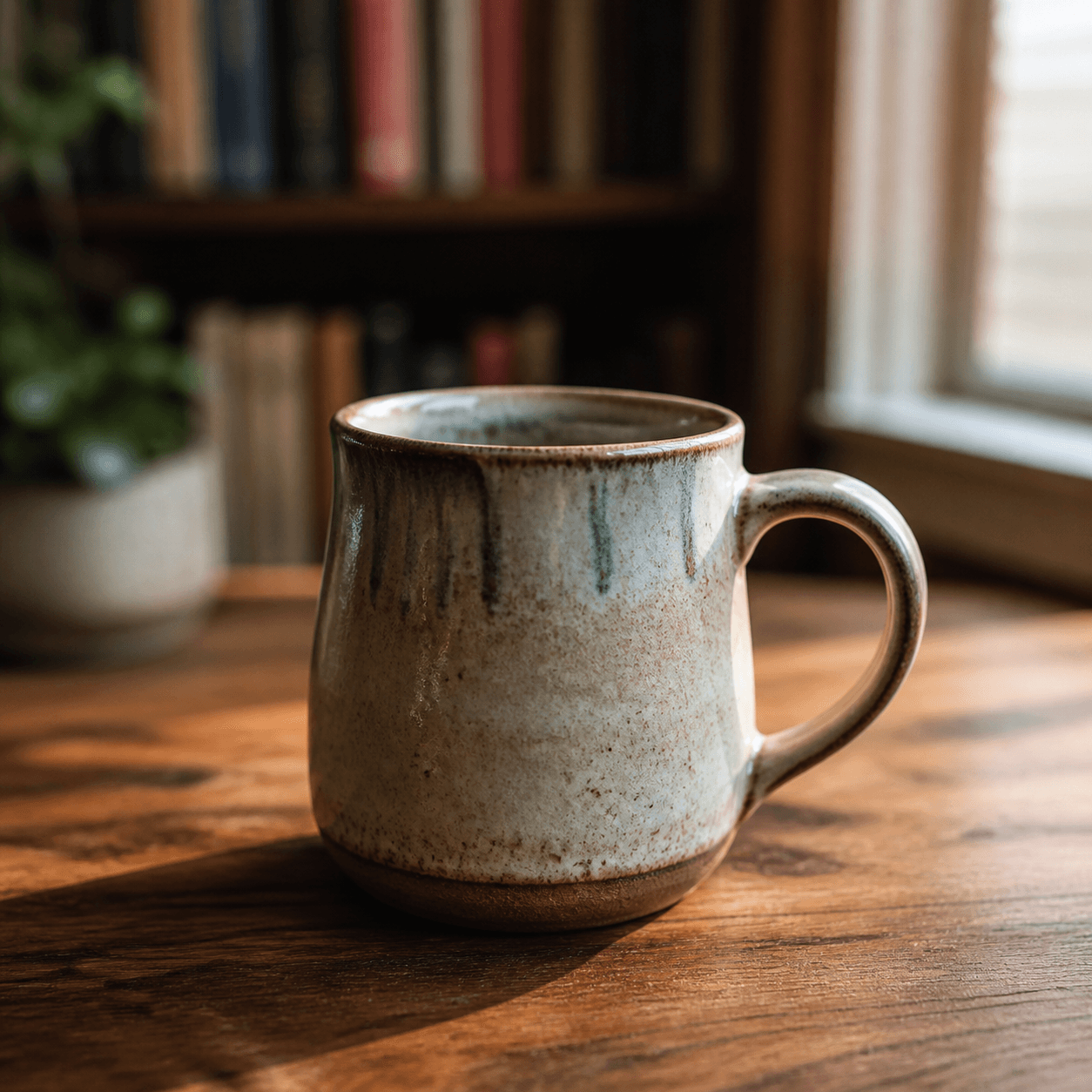 A handcrafted ceramic mug on a walnut desk, late afternoon window light from the right, shot on 35mm prime lens, shallow depth of field, soft background bokeh of bookshelf, photorealistic, natural color grading, no stylization.