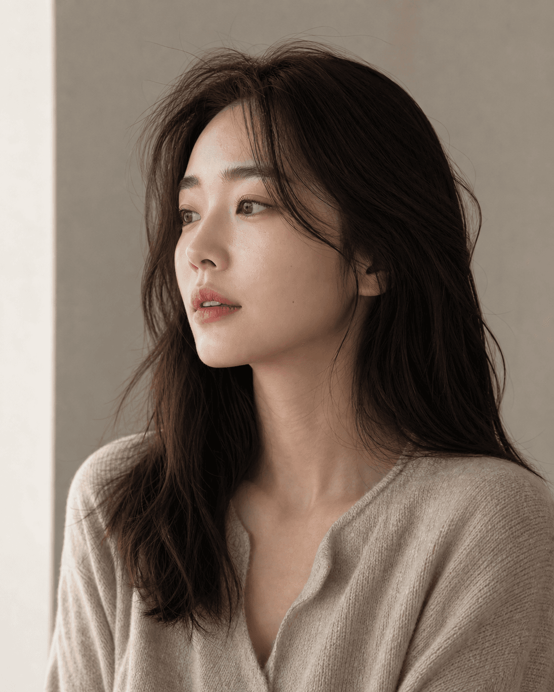 Editorial portrait of a Korean woman in her late twenties, soft window light from the left, neutral background, looking past the camera with calm expression, shot on medium format 80mm, shallow depth of field, photorealistic skin tones, no retouching aesthetic.