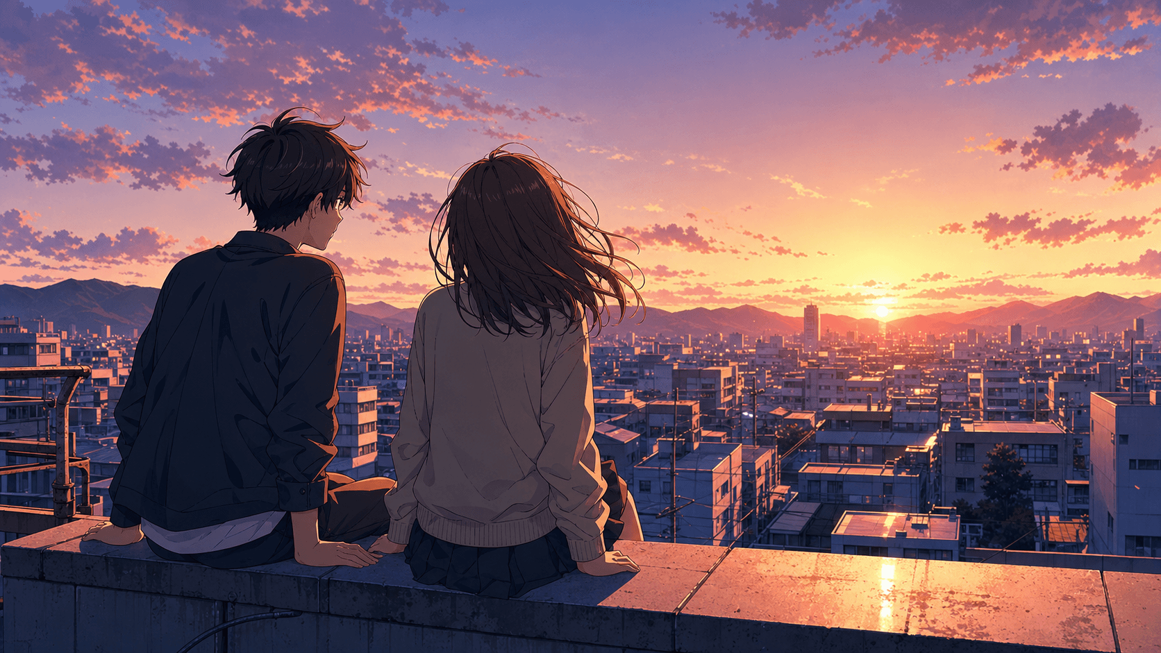 Anime Rooftop Sunset Scene example output