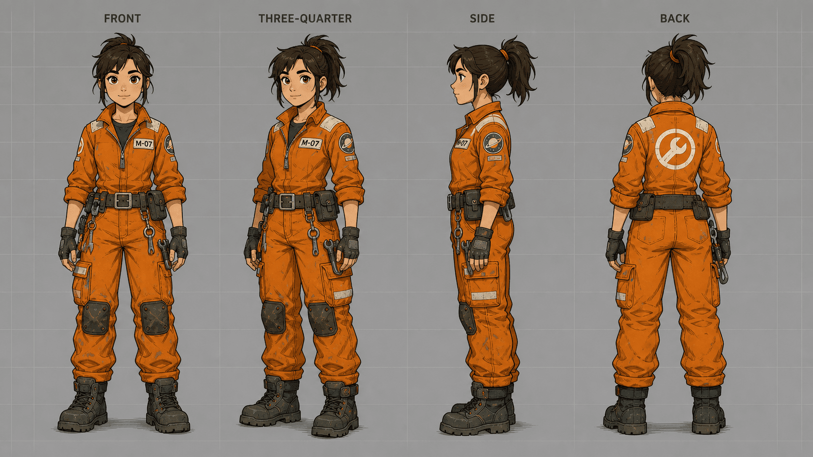 Four-View Character Turnaround example output