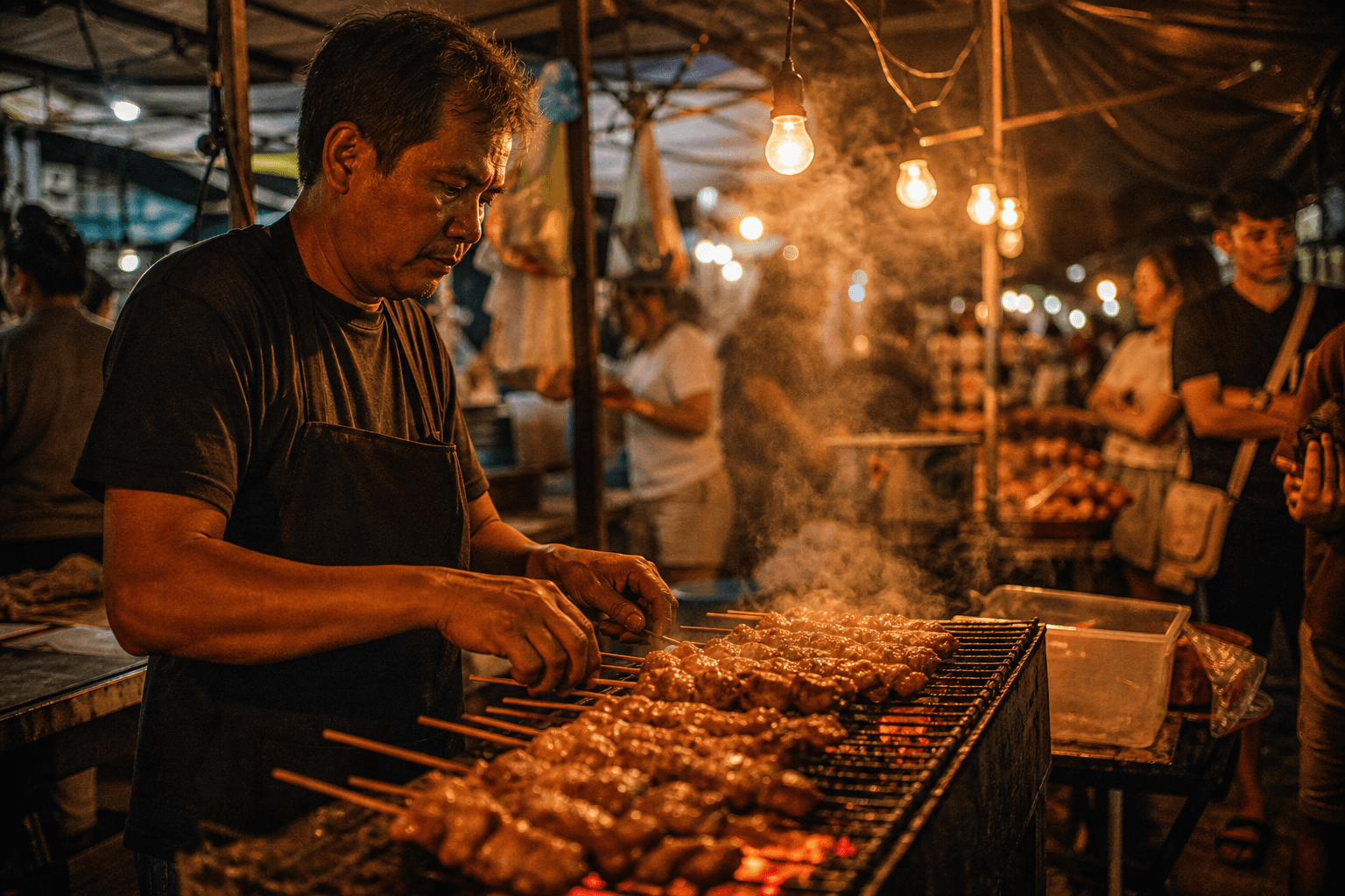 A street food vendor at a Southeast Asian night market grilling rows of skewered meat over an open charcoal flame, hands captured mid-motion turning a skewer, plumes of steam and smoke catching the warm amber glow of strung incandescent bulbs above, a blurred crowd of customers visible in the background, documentary photojournalism style, shot on 35mm with visible high-ISO grain, gritty and atmospheric.