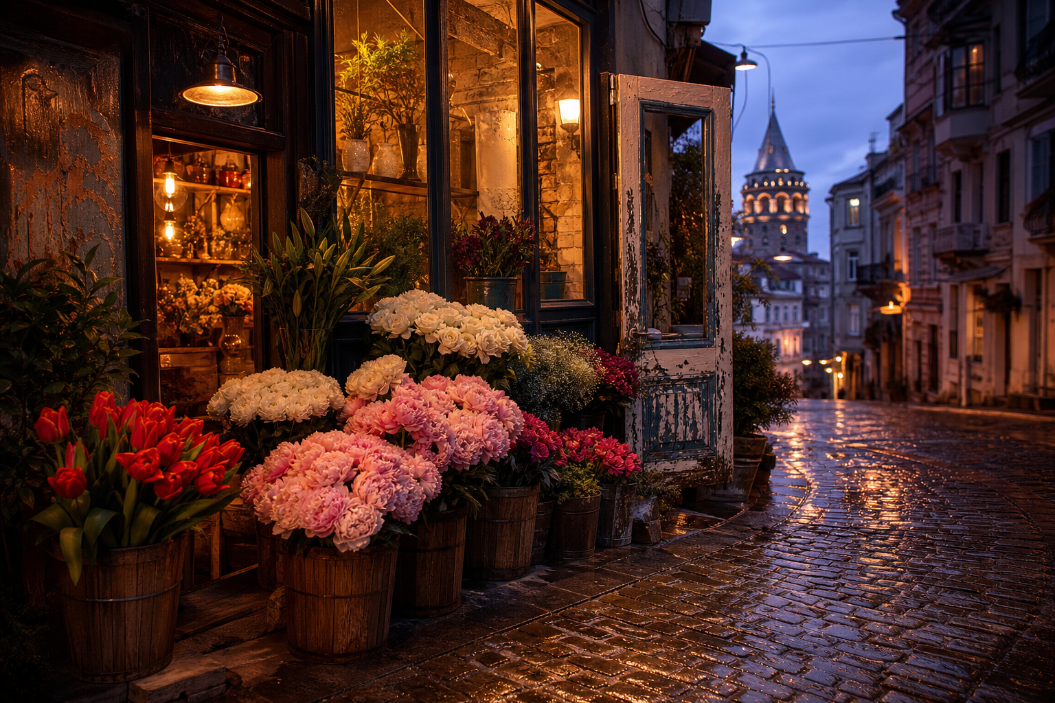 A small corner flower shop on a narrow old-town cobblestone street, warm tungsten interior light spilling outward onto a wet pavement, large galvanized buckets of fresh red tulips and pale pink peonies on the sidewalk, an old painted wooden door slightly ajar, sky in deep cobalt blue hour, no people in frame, soft documentary mood, photorealistic. CVY.AI