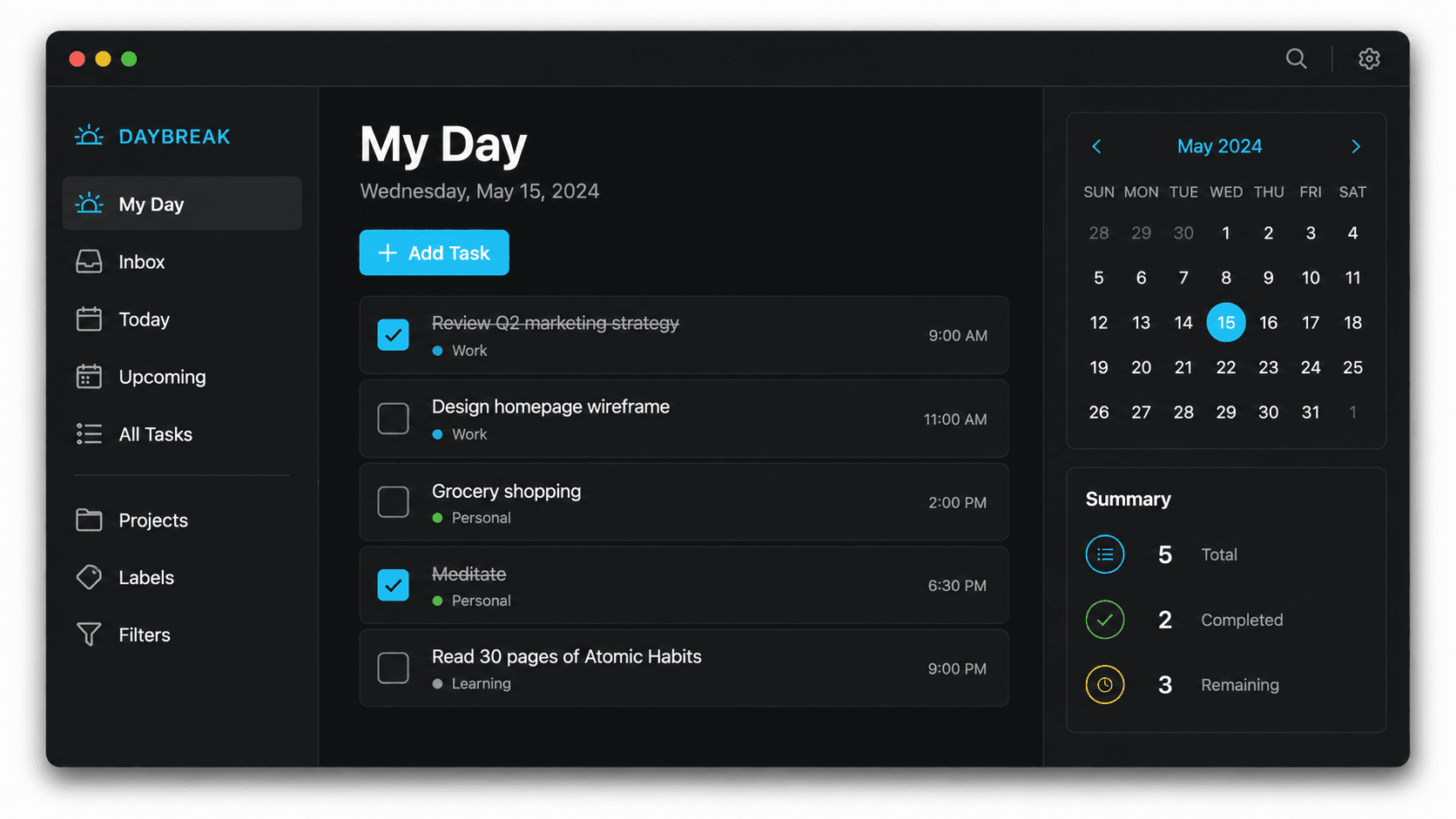 Clean dark-themed productivity app screen mockup on a desktop window. Left sidebar with labeled items "My Day / Inbox / Today / Upcoming / All Tasks / Projects / Labels / Filters". Main pane titled "My Day" with the subtitle "Wednesday, May 15, 2024" and a primary cyan "+ Add Task" button. Five todo items in checkbox rows with categories ("Work" / "Personal" / "Learning") and times — two of them checked off. Right rail with a small May 2024 calendar and a Summary block showing "5 Total / 2 Completed / 3 Remaining". Subtle window chrome shadow.