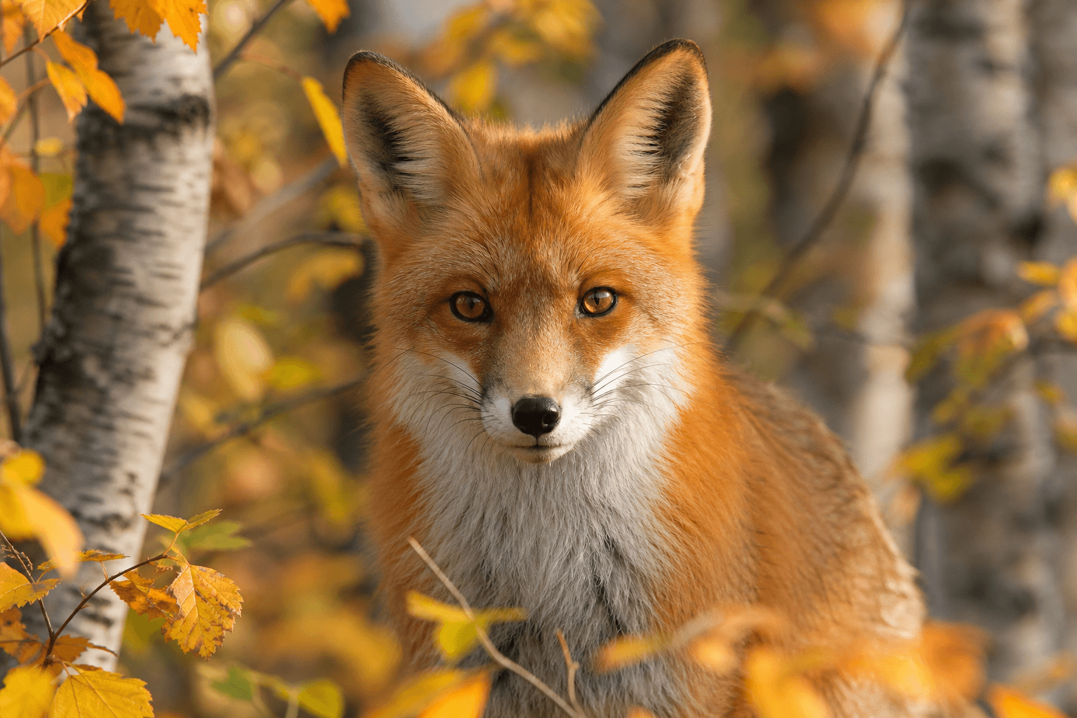 A tight close-up of a red fox standing alert in an autumn birch forest, sharp focus on the amber eyes and the textured fur of the muzzle, soft late-morning backlight catching the rim of the fur in gold, the background dissolved into warm orange and yellow bokeh of fallen leaves, wildlife photography aesthetic, shot at 300mm with very shallow depth of field.