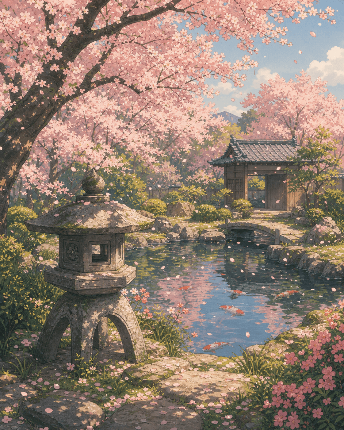 A traditional Japanese garden in full cherry blossom bloom, pale pink petals drifting slowly through the air, a small carved stone lantern in the lower-left foreground, a koi pond catching the pink reflection of the sky in the middle ground, soft early-spring afternoon light, no people, hand-painted Studio Ghibli inspired style, pastel palette with gentle linework.