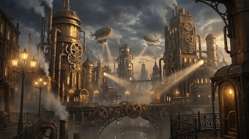 A highly detailed steampunk city at dusk, towering brass buildings with copper pipes, giant rotating gears, steam vents, airships floating between smoky clouds, warm golden light from Victorian street lamps, intricate mechanical details, retro-futuristic atmosphere, elegant Victorian architecture mixed with industrial machinery, cinematic composition, volumetric lighting, dramatic clouds, ultra-detailed, realistic textures, high contrast, 8k, concept art style CVY.AI