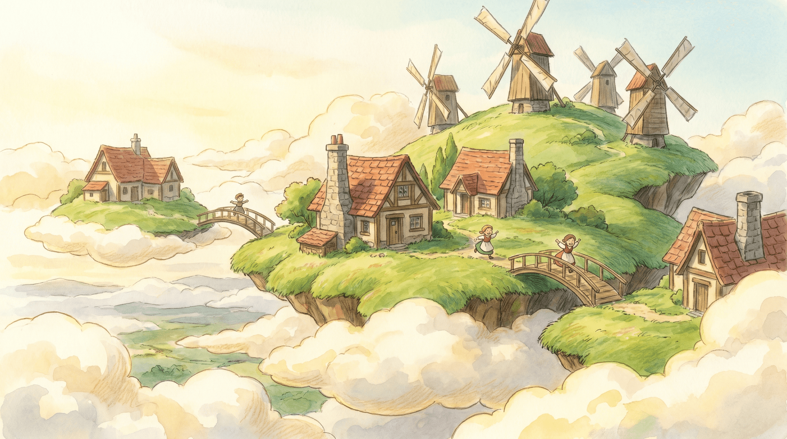 A magical countryside village floating above the clouds, warm morning sunlight, soft green hills, tiny houses with red roofs, windmills slowly turning, children running across wooden bridges, gentle clouds drifting below, cozy and nostalgic atmosphere, hand-painted animation background, soft colors, whimsical fantasy, peaceful and heartwarming, richly detailed, dreamy cinematic scene CVY.AI