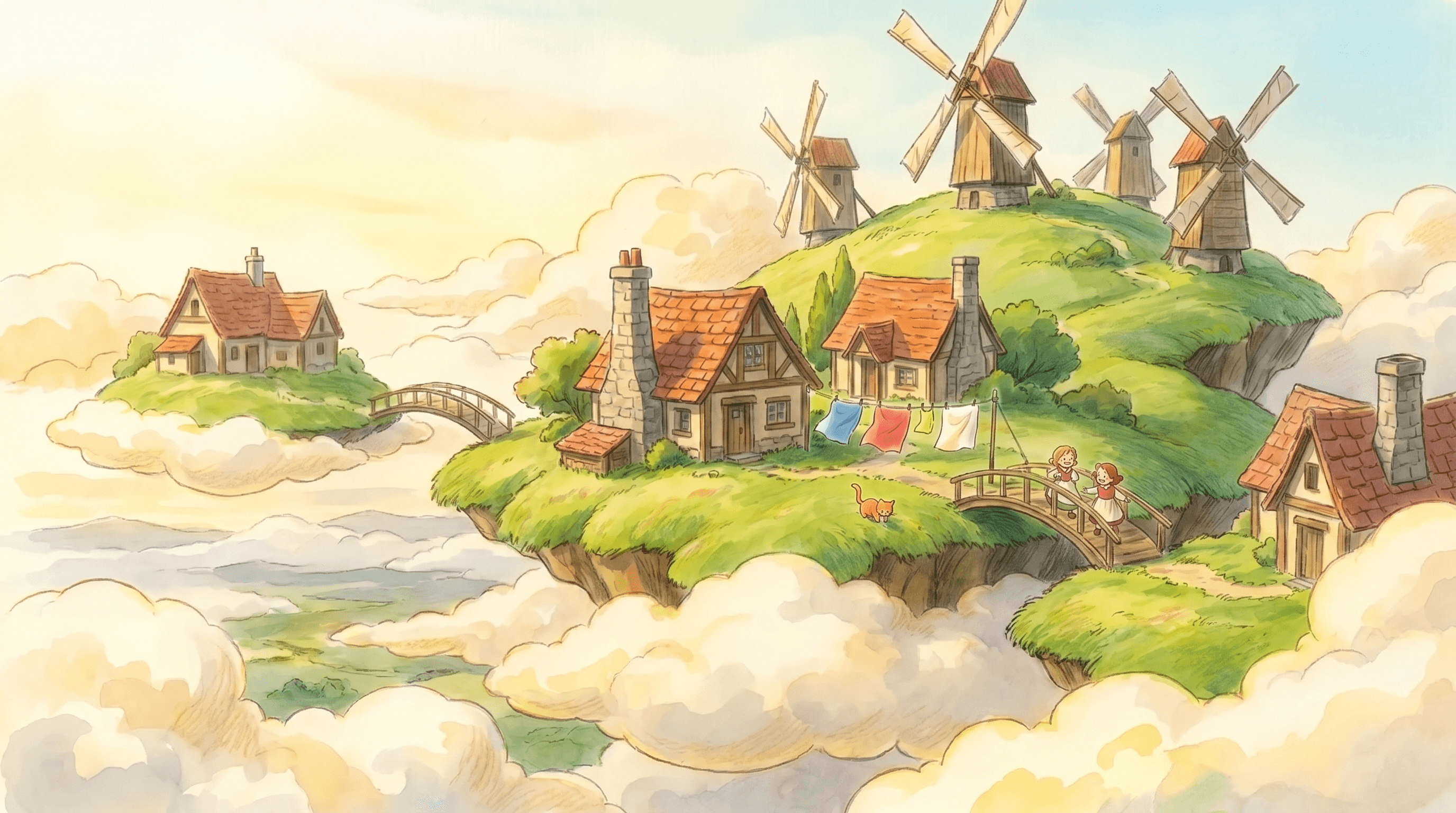 Keep the original floating countryside village, soft hand-painted animation look, warm morning sunlight, and peaceful nostalgic atmosphere. Add a small orange cat sitting on a wooden bridge, looking at the clouds below. Add a few colorful laundry sheets gently waving between two tiny houses. Make the scene feel slightly more lively and heartwarming, while preserving the original Ghibli-inspired softness, colors, and composition. CVY.AI