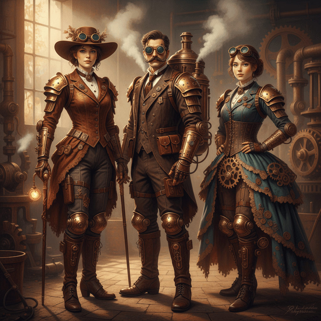 Steampunk style character friends, vintage brass mechanical parts, rusted metal texture, retro gear joints, steam mist floating, brass goggles, Victorian retro costume, soft warm light, intricate details, retro industrial aesthetic, cinematic rendering, vivid tone CVY.AI