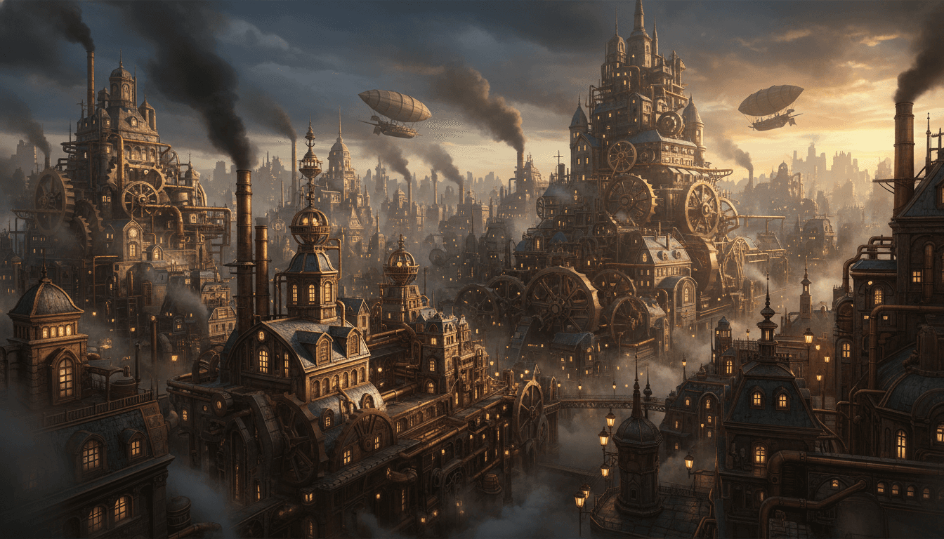 A highly detailed steampunk city at dusk, towering brass buildings with copper pipes, giant rotating gears, steam vents, airships floating between smoky clouds, warm golden light from Victorian street lamps, intricate mechanical details, retro-futuristic atmosphere, elegant Victorian architecture mixed with industrial machinery, cinematic composition, volumetric lighting, dramatic clouds, ultra-detailed, realistic textures, high contrast, 8k, concept art style CVY.AI