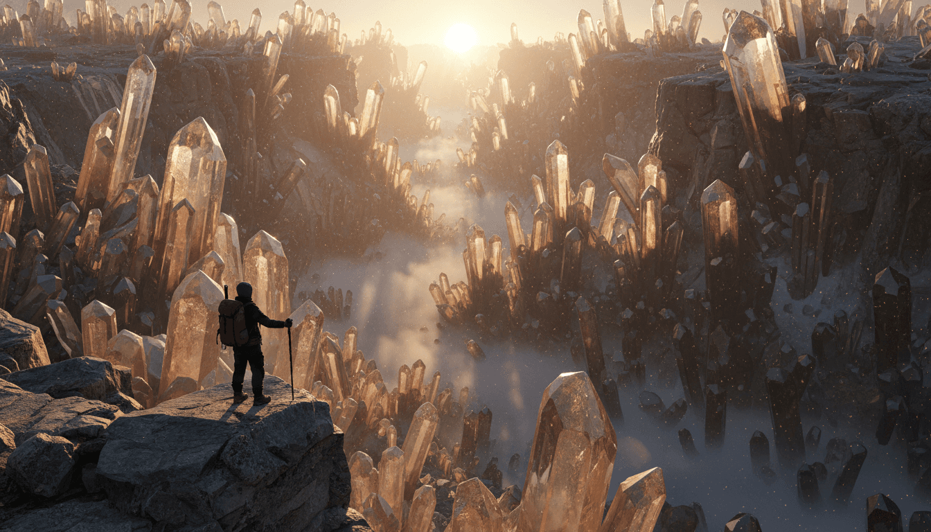 A breathtaking ultra-realistic scene of a lone explorer standing on the edge of a massive crystal canyon at sunrise, thousands of translucent crystal pillars reflecting golden light, mist flowing through the canyon like a river, tiny floating dust particles illuminated by the sun, highly detailed textures, realistic atmosphere, cinematic composition, natural lighting, sharp focus, photorealistic, extremely detailed, 8k, epic scale CVY.AI
