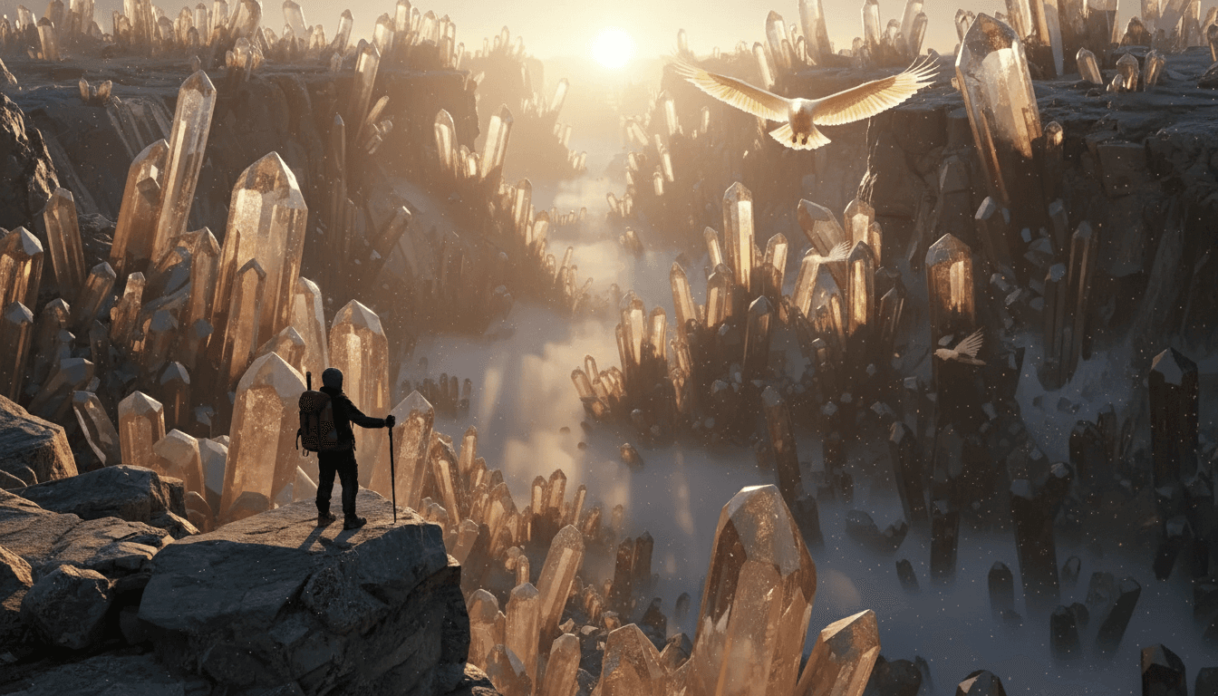 Keep the original composition, camera angle, lighting style, and ultra-realistic visual quality. Add a majestic white eagle flying across the crystal canyon sky, with its wings catching the golden sunrise light. Add subtle reflections of the eagle on several crystal pillars. Enhance the morning mist slightly, but do not change the explorer’s pose, clothing, or position. Maintain photorealistic textures, natural cinematic lighting, epic scale, and sharp focus. CVY.AI