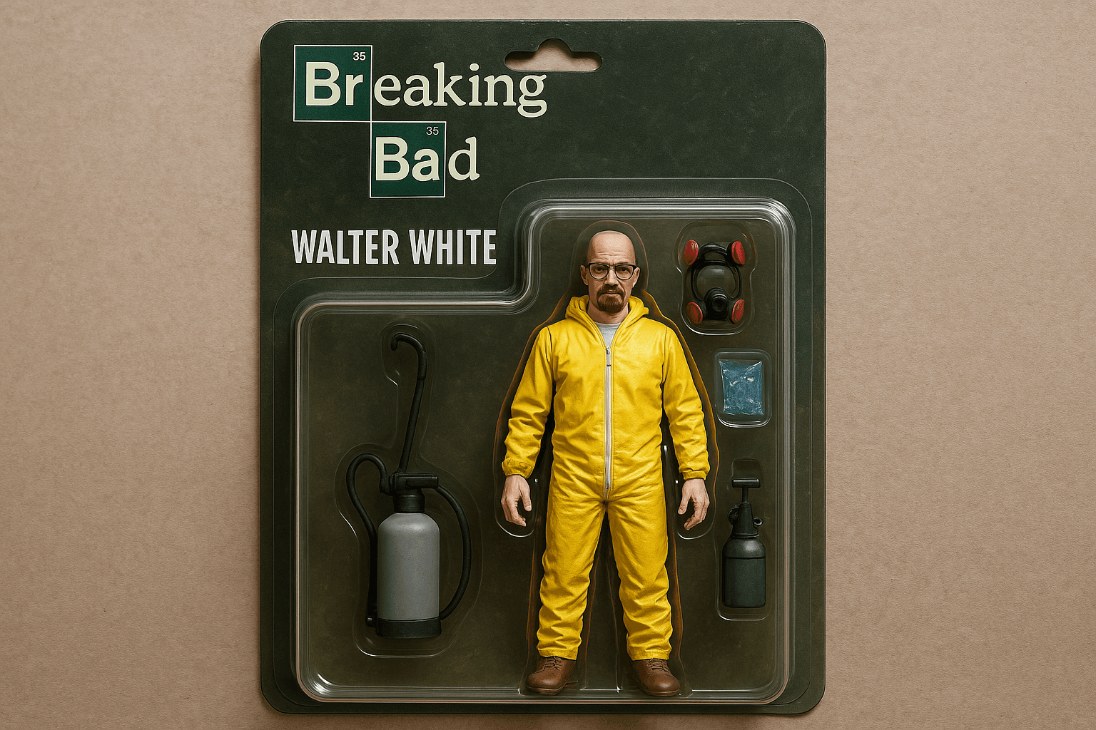 创建一个Breaking Bad的Walter White,的人物的手办玩具。让它成为一个动作人偶。在人偶旁边，应该有跟他相关的玩具的装备。此外，在盒子的顶部，写上"Breaking Bad"，在下面写上"Walter White"。以一种现实的方式来可视化这个场景 CVY.AI