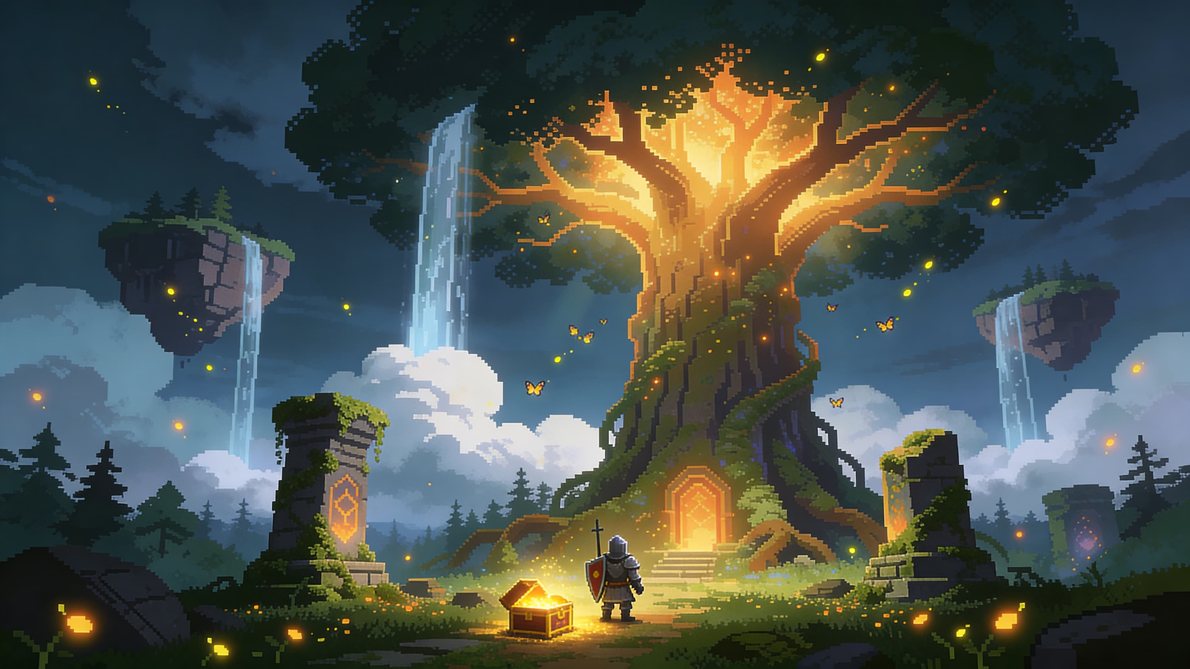 Keep the original pixel art fantasy world, the tiny knight, the enormous glowing ancient tree, floating islands, waterfalls, fireflies, and nostalgic 16-bit RPG atmosphere. Add a small glowing treasure chest near the knightâs feet, slightly open with golden light shining out. Add a few tiny pixel butterflies around the ancient tree. Preserve the same pixel resolution style, color palette, atmospheric lighting, and cinematic composition. Do not make the image look smooth or painterly. Keep the original pixel art fantasy world, the tiny knight, the enormous glowing ancient tree, floating islands, waterfalls, fireflies, and nostalgic 16-bit RPG atmosphere. Add a small glowing treasure chest near the knightâs feet, slightly open with golden light shining out. Add a few tiny pixel butterflies around the ancient tree. Preserve the same pixel resolution style, color palette, atmospheric lighting, and cinematic composition. Do not make the image look smooth or painterly. CVY.AI