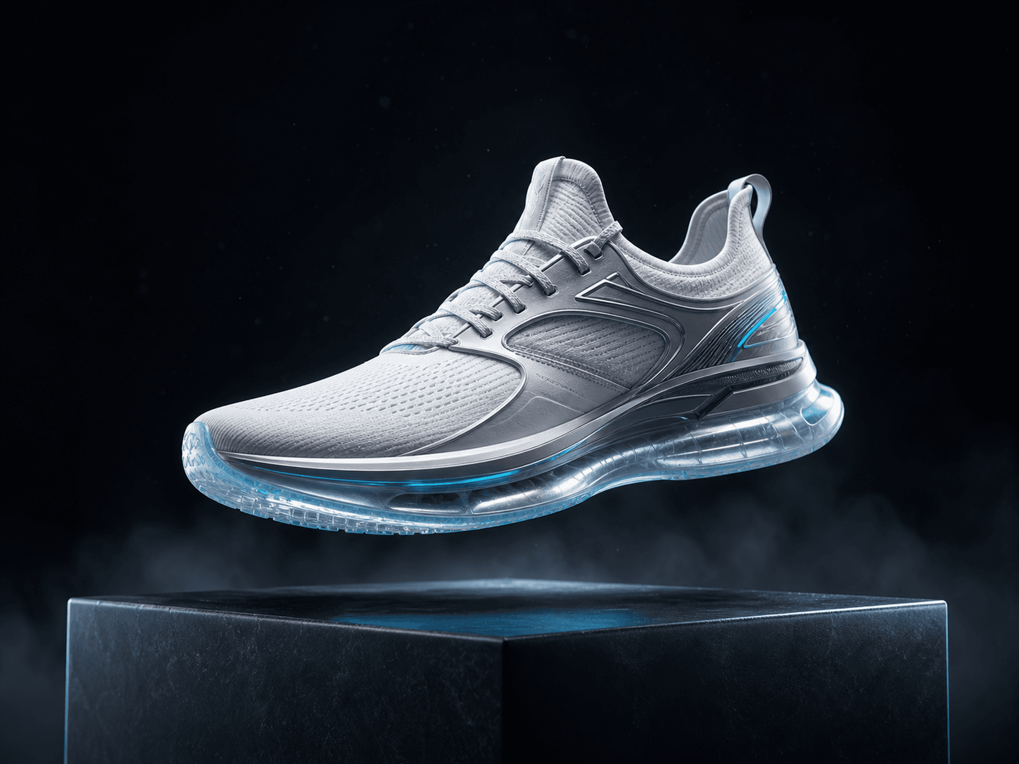 A premium unbranded futuristic running shoe suspended above a dark graphite pedestal, three-quarter side view, streamlined aerodynamic silhouette, matte pearl-white mesh upper with metallic silver structural panels, subtle electric-cyan accents, translucent cushioned sole, realistic stitching and material details. Dramatic cinematic product lighting, cool cyan rim light, soft white key light, controlled reflections, faint mist and floating particles, deep black-to-charcoal gradient background, high-end technology advertising campaign, photorealistic studio photography, sharp focus, strong depth and contrast, generous negative space, complete shoe fully visible, no people, no logo, no brand name, no text, no watermark A premium unbranded futuristic running shoe suspended above a dark graphite pedestal, three-quarter side view, streamlined aerodynamic silhouette, matte pearl-white mesh upper with metallic silver structural panels, subtle electric-cyan accents, translucent cushioned sole, realistic stitching and material details. Dramatic cinematic product lighting, cool cyan rim light, soft white key light, controlled reflections, faint mist and floating particles, deep black-to-charcoal gradient background, high-end technology advertising campaign, photorealistic studio photography, sharp focus, strong depth and contrast, generous negative space, complete shoe fully visible, no people, no logo, no brand name, no text, no watermark CVY.AI