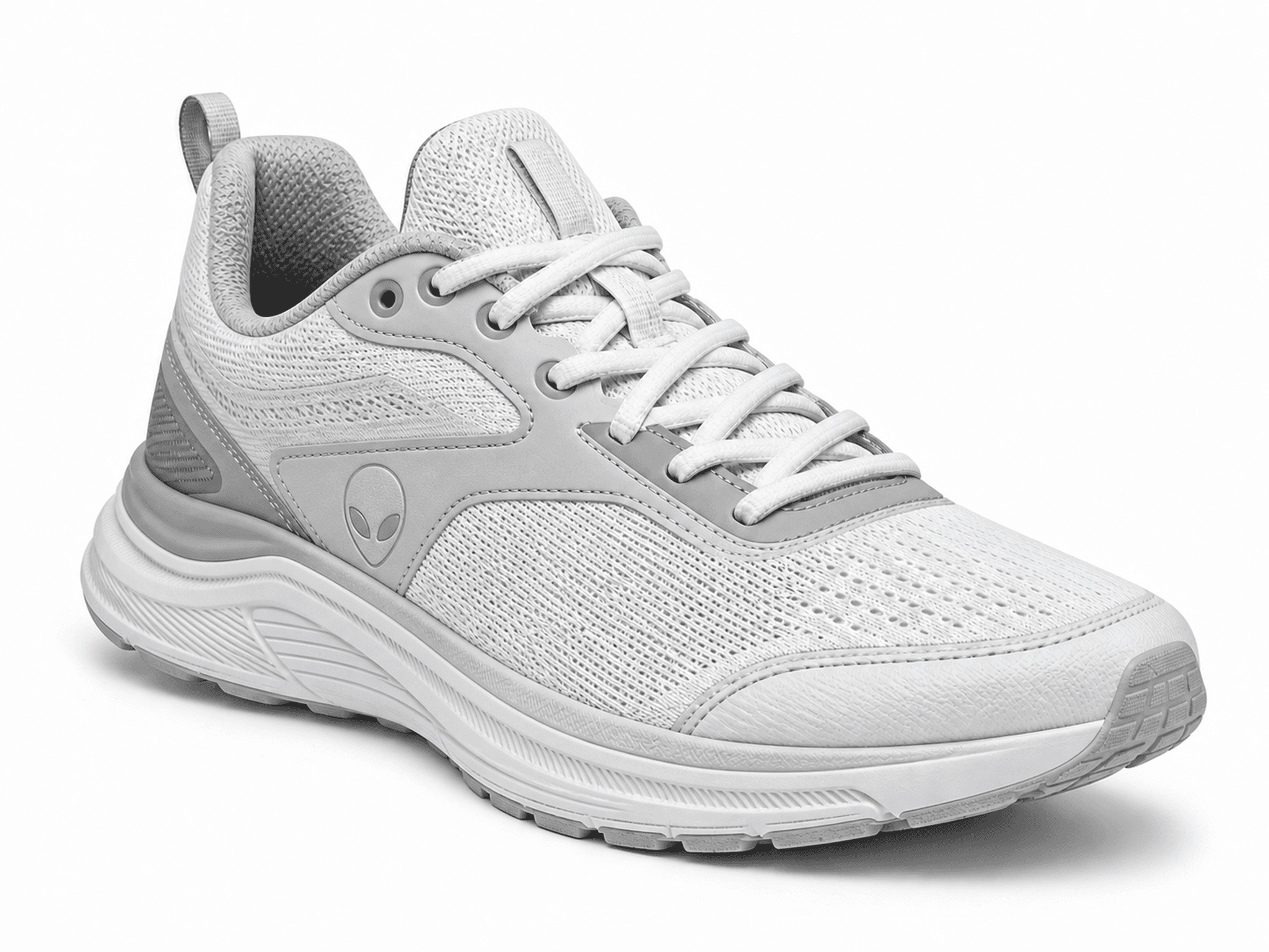 Add a small iconic alien head logo on the outer lateral side panel of the sneaker, classic gray alien silhouette symbol (large oval head, big black eyes), clean flat vector style, printed as a brand mark, subtle embossed texture matching the shoe material, positioned naturally on the midfoot quarter panel, matching the shoe's color scheme. Add a small iconic alien head logo on the outer lateral side panel of the sneaker, classic gray alien silhouette symbol (large oval head, big black eyes), clean flat vector style, printed as a brand mark, subtle embossed texture matching the shoe material, positioned naturally on the midfoot quarter panel, matching the shoe's color scheme. CVY.AI