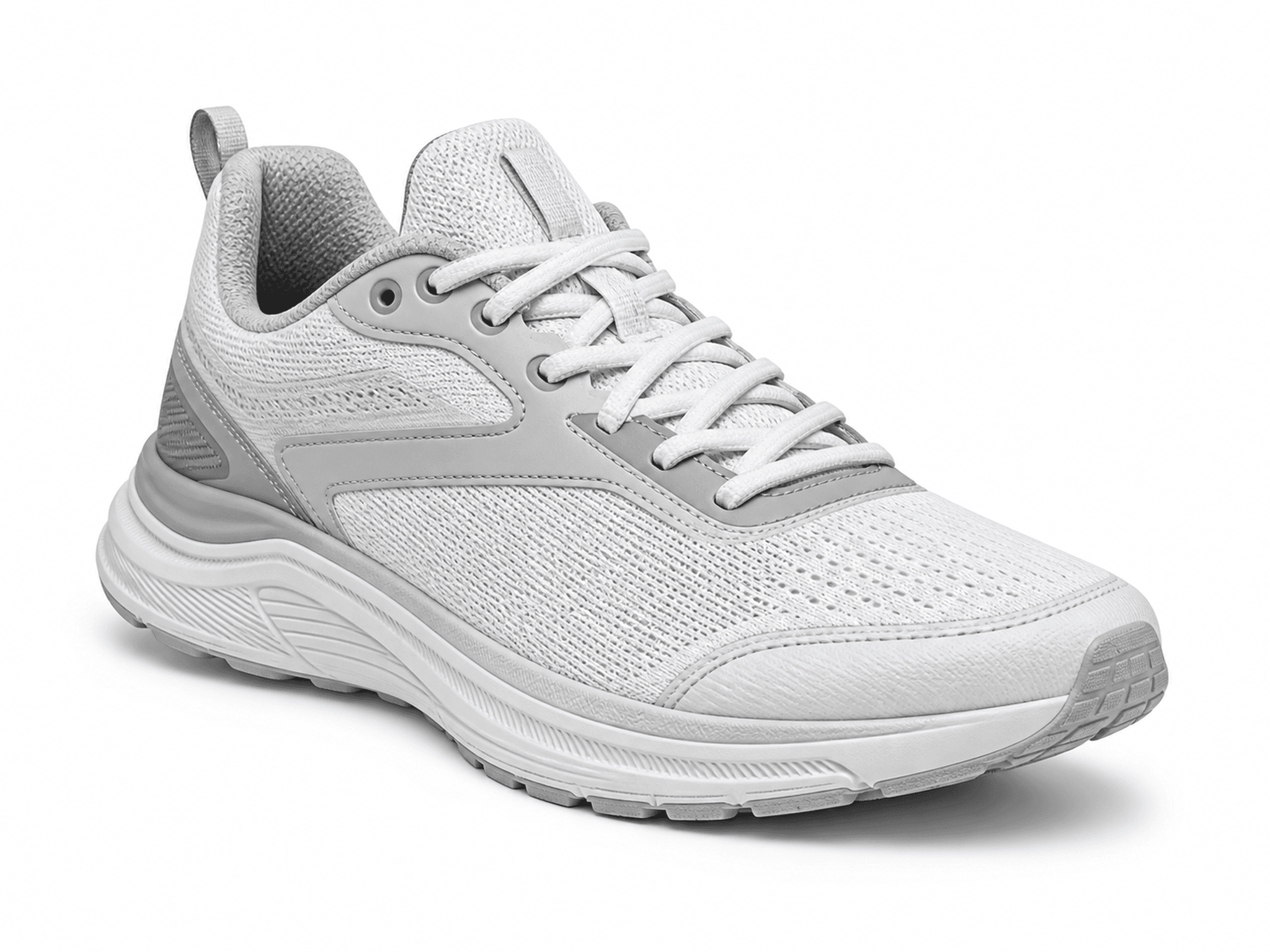 Professional e-commerce product photography of a modern running sneaker, single shoe, 45-degree three-quarter angle, floating slightly above a pure white seamless background. Clean studio lighting with soft diffused illumination from above and sides, subtle natural shadow beneath the shoe. Ultra-sharp focus on mesh upper texture, stitching details, rubber outsole tread pattern, and lace construction. Neutral colorway with white and light gray tones. Commercial catalog style, high-end product shot, photorealistic, 8K detail, no text, no watermark, no props, centered composition. Professional e-commerce product photography of a modern running sneaker, single shoe, 45-degree three-quarter angle, floating slightly above a pure white seamless background. Clean studio lighting with soft diffused illumination from above and sides, subtle natural shadow beneath the shoe. Ultra-sharp focus on mesh upper texture, stitching details, rubber outsole tread pattern, and lace construction. Neutral colorway with white and light gray tones. Commercial catalog style, high-end product shot, photorealistic, 8K detail, no text, no watermark, no props, centered composition. CVY.AI