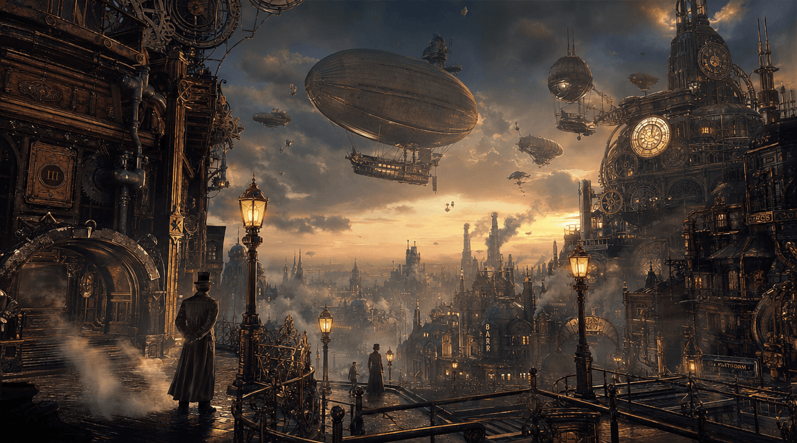 A highly detailed steampunk city at dusk, towering brass buildings with copper pipes, giant rotating gears, steam vents, airships floating between smoky clouds, warm golden light from Victorian street lamps, intricate mechanical details, retro-futuristic atmosphere, elegant Victorian architecture mixed with industrial machinery, cinematic composition, volumetric lighting, dramatic clouds, ultra-detailed, realistic textures, high contrast, 8k, concept art style A highly detailed steampunk city at dusk, towering brass buildings with copper pipes, giant rotating gears, steam vents, airships floating between smoky clouds, warm golden light from Victorian street lamps, intricate mechanical details, retro-futuristic atmosphere, elegant Victorian architecture mixed with industrial machinery, cinematic composition, volumetric lighting, dramatic clouds, ultra-detailed, realistic textures, high contrast, 8k, concept art style CVY.AI