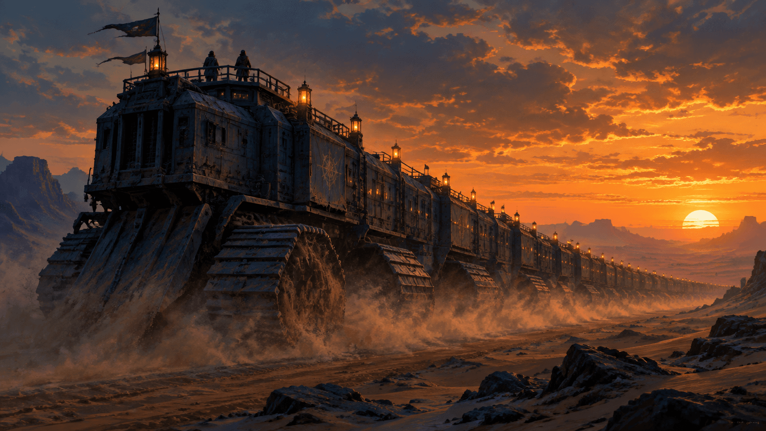 A colossal sand-crawler train crossing a dusk desert, lanterns along its spine, dust blowing off the tracks, two tiny figures on an observation deck. Cinematic concept art, painterly but readable forms, amber sky against steel blue shadow. A colossal sand-crawler train crossing a dusk desert, lanterns along its spine, dust blowing off the tracks, two tiny figures on an observation deck. Cinematic concept art, painterly but readable forms, amber sky against steel blue shadow. CVY.AI