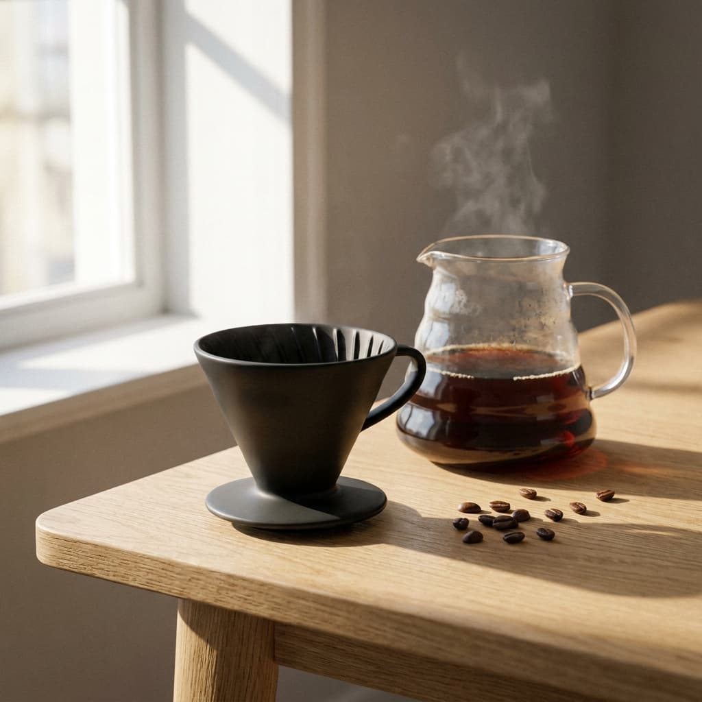Product photo of a matte black ceramic pour-over coffee dripper on a light oak table, next to a glass carafe half full of coffee, morning sunlight from a window casting soft long shadows, a few scattered coffee beans. Clean commercial look, slight steam rising from the carafe. No text, no logo. Product photo of a matte black ceramic pour-over coffee dripper on a light oak table, next to a glass carafe half full of coffee, morning sunlight from a window casting soft long shadows, a few scattered coffee beans. Clean commercial look, slight steam rising from the carafe. No text, no logo. CVY.AI
