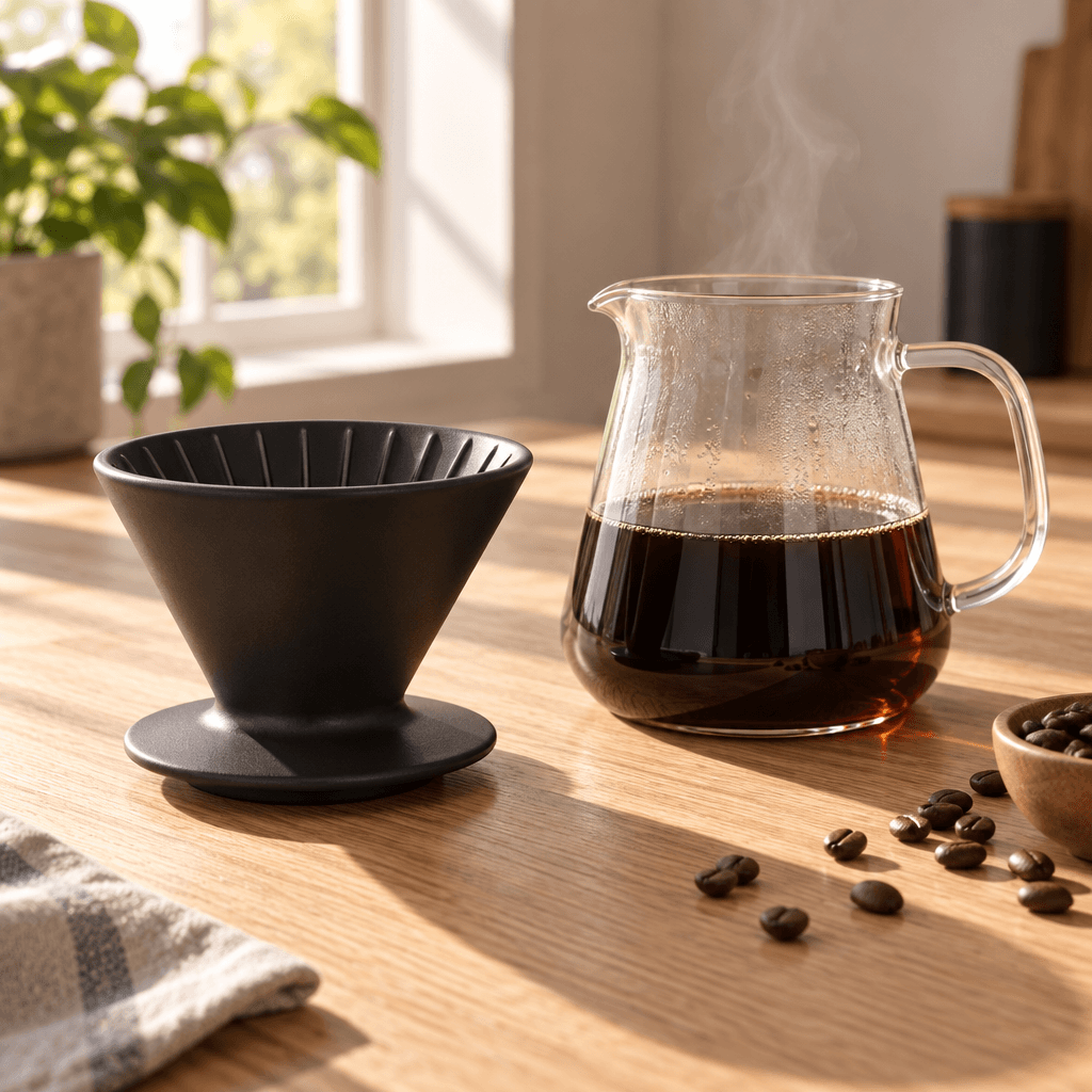 Product photo of a matte black ceramic pour-over coffee dripper on a light oak table, next to a glass carafe half full of coffee, morning sunlight from a window casting soft long shadows, a few scattered coffee beans. Clean commercial look, slight steam rising from the carafe. No text, no logo. Product photo of a matte black ceramic pour-over coffee dripper on a light oak table, next to a glass carafe half full of coffee, morning sunlight from a window casting soft long shadows, a few scattered coffee beans. Clean commercial look, slight steam rising from the carafe. No text, no logo. CVY.AI