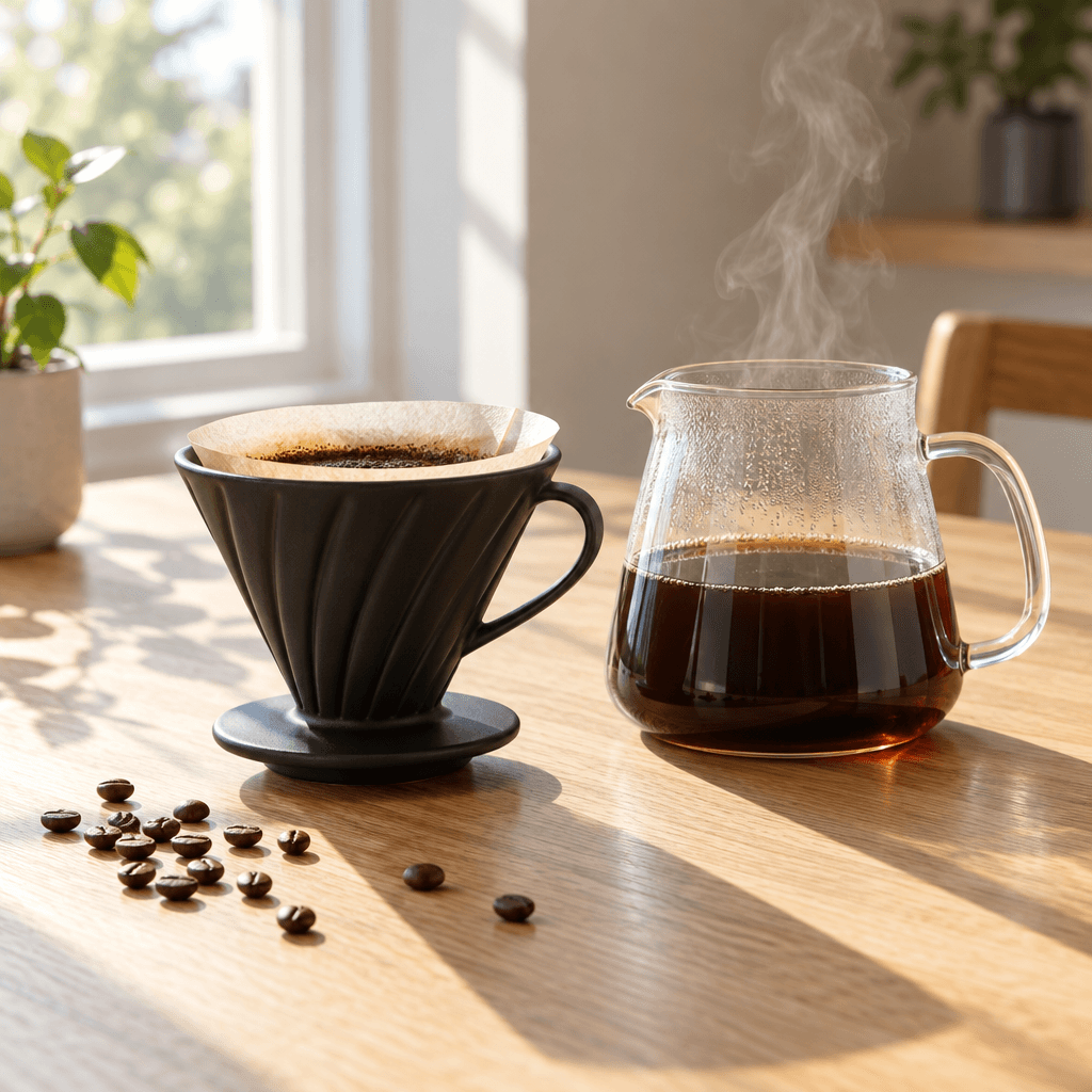 Product photo of a matte black ceramic pour-over coffee dripper on a light oak table, next to a glass carafe half full of coffee, morning sunlight from a window casting soft long shadows, a few scattered coffee beans. Clean commercial look, slight steam rising from the carafe. No text, no logo. Product photo of a matte black ceramic pour-over coffee dripper on a light oak table, next to a glass carafe half full of coffee, morning sunlight from a window casting soft long shadows, a few scattered coffee beans. Clean commercial look, slight steam rising from the carafe. No text, no logo. CVY.AI