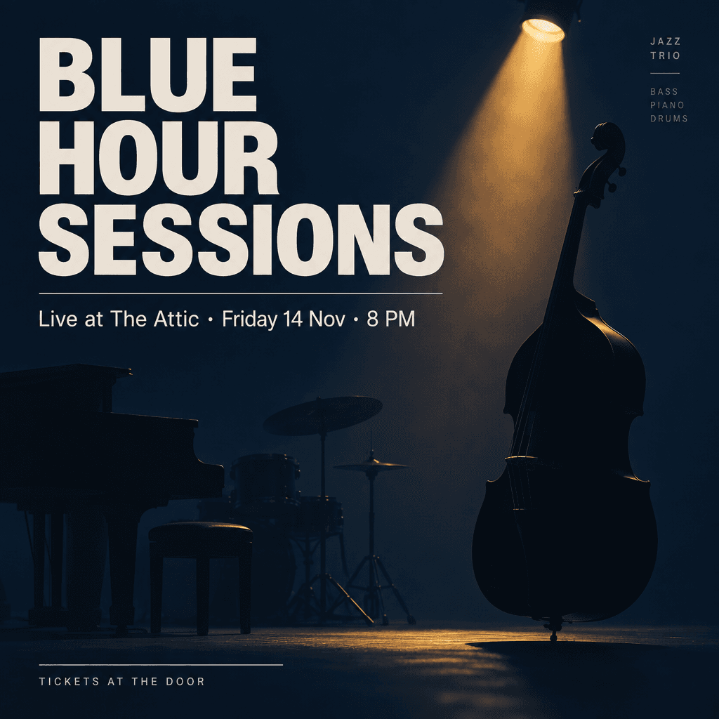 Minimalist concert poster for a jazz trio. Large headline text "BLUE HOUR SESSIONS", subheading "Live at The Attic · Friday 14 Nov · 8 PM", a small line at the bottom "Tickets at the door". Deep navy background, one warm amber spotlight, a silhouette of an upright bass. Swiss grid typography, clean sans-serif. Minimalist concert poster for a jazz trio. Large headline text "BLUE HOUR SESSIONS", subheading "Live at The Attic · Friday 14 Nov · 8 PM", a small line at the bottom "Tickets at the door". Deep navy background, one warm amber spotlight, a silhouette of an upright bass. Swiss grid typography, clean sans-serif. CVY.AI