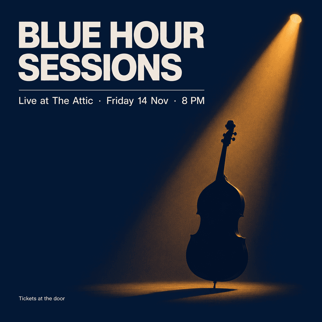 Minimalist concert poster for a jazz trio. Large headline text "BLUE HOUR SESSIONS", subheading "Live at The Attic · Friday 14 Nov · 8 PM", a small line at the bottom "Tickets at the door". Deep navy background, one warm amber spotlight, a silhouette of an upright bass. Swiss grid typography, clean sans-serif. Minimalist concert poster for a jazz trio. Large headline text "BLUE HOUR SESSIONS", subheading "Live at The Attic · Friday 14 Nov · 8 PM", a small line at the bottom "Tickets at the door". Deep navy background, one warm amber spotlight, a silhouette of an upright bass. Swiss grid typography, clean sans-serif. CVY.AI