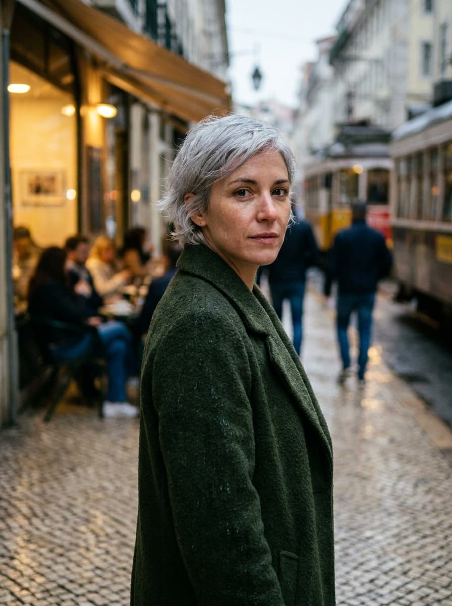 Editorial portrait of a woman in her 30s with short silver hair, wearing a dark green wool coat, standing on a rainy Lisbon street at dusk. Natural skin texture, soft window light from a café on the left, shallow depth of field, 85mm lens look. No text. Editorial portrait of a woman in her 30s with short silver hair, wearing a dark green wool coat, standing on a rainy Lisbon street at dusk. Natural skin texture, soft window light from a café on the left, shallow depth of field, 85mm lens look. No text. CVY.AI