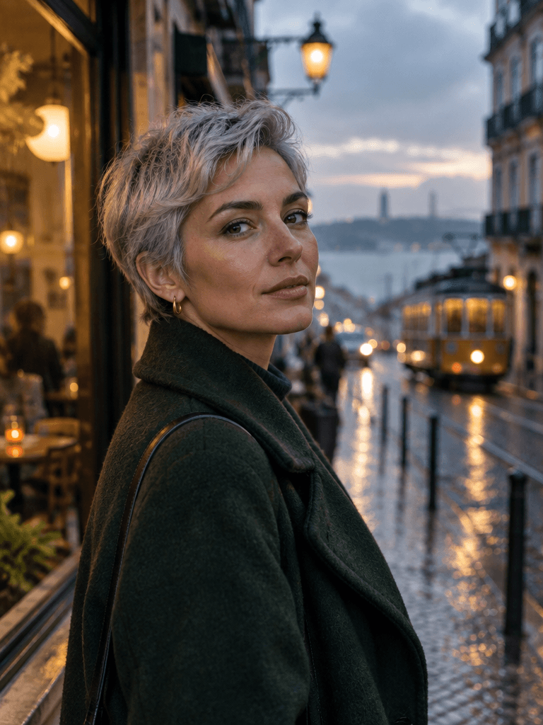 Editorial portrait of a woman in her 30s with short silver hair, wearing a dark green wool coat, standing on a rainy Lisbon street at dusk. Natural skin texture, soft window light from a café on the left, shallow depth of field, 85mm lens look. No text. Editorial portrait of a woman in her 30s with short silver hair, wearing a dark green wool coat, standing on a rainy Lisbon street at dusk. Natural skin texture, soft window light from a café on the left, shallow depth of field, 85mm lens look. No text. CVY.AI