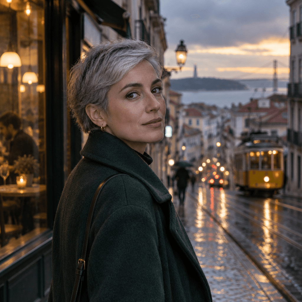 Editorial portrait of a woman in her 30s with short silver hair, wearing a dark green wool coat, standing on a rainy Lisbon street at dusk. Natural skin texture, soft window light from a café on the left, shallow depth of field, 85mm lens look. No text. Editorial portrait of a woman in her 30s with short silver hair, wearing a dark green wool coat, standing on a rainy Lisbon street at dusk. Natural skin texture, soft window light from a café on the left, shallow depth of field, 85mm lens look. No text. CVY.AI