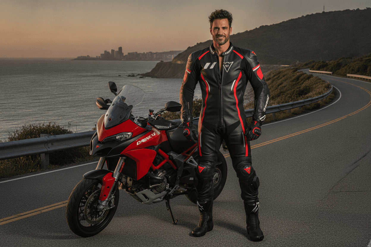 A muscular motorcyclist, dressed in a full Dainese suit, boots, and gloves, but without a helmet, is handsome, dashing, 30 years old, and sexy. A muscular motorcyclist, dressed in a full Dainese suit, boots, and gloves, but without a helmet, is handsome, dashing, 30 years old, and sexy. CVY.AI