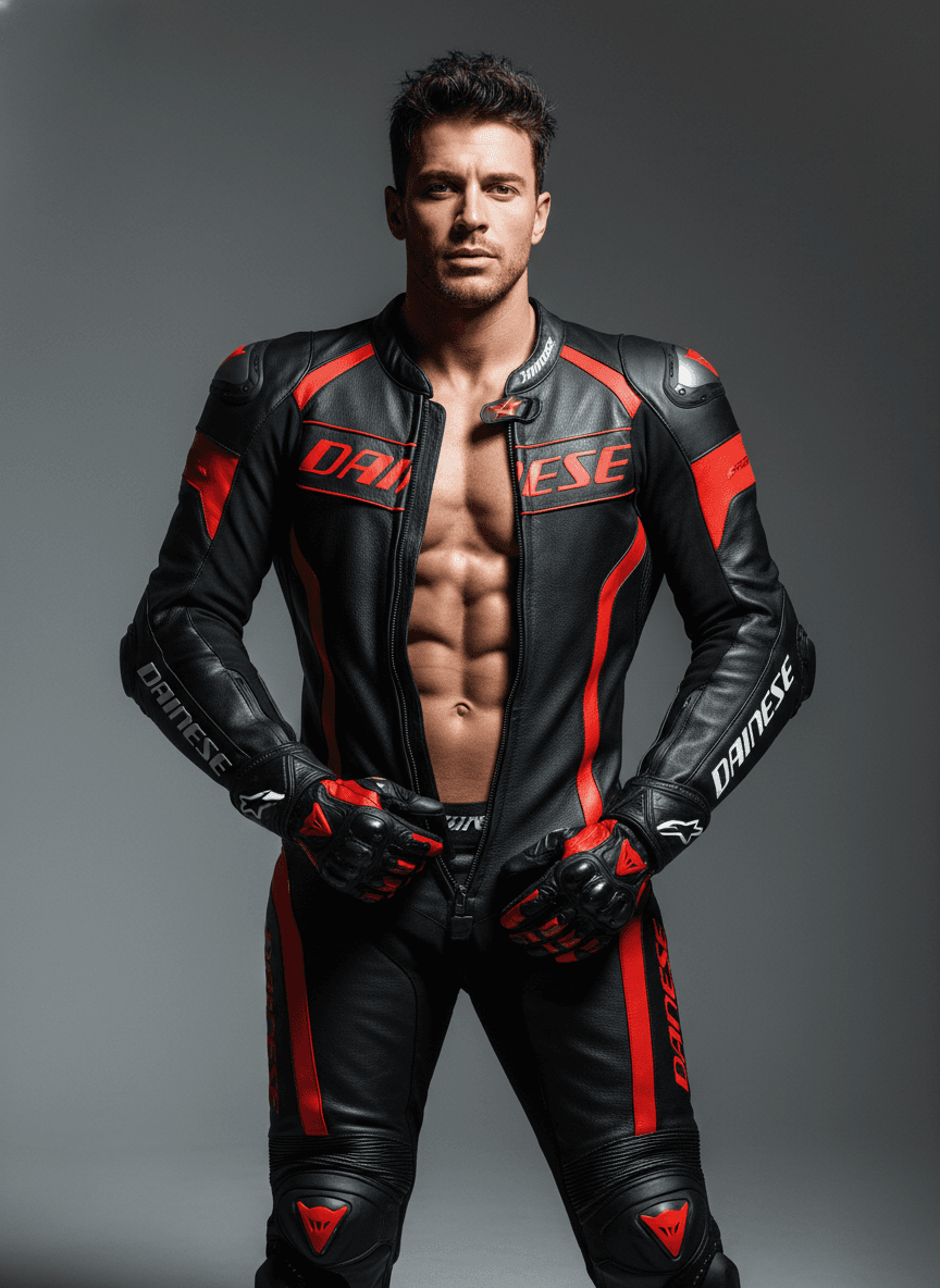 A muscular 30-year-old motorcyclist, handsome, dashing, confident, and sexy, wearing a full black-and-red Dainese motorcycle racing suit, matching motorcycle boots, and gloves, but without a helmet. He has a powerful athletic build with broad shoulders, defined pectoral muscles, and a strong sculpted chest visible through the fully opened front of the suit. The leather suit has a sleek black base with vivid red panels, red seams, and glossy protective armor details. A prominent red Dainese logo is placed across the chest area, but the front zipper is pulled completely down to the bottom, splitting the red chest logo cleanly into two symmetrical halves on the left and right sides of the opened suit.
He stands in a bold, confident editorial pose, with one gloved hand resting low at the front of his hips, over the crotch area, while the other arm hangs naturally by his side. Realistic leather texture, detailed folds, muscular torso, cinematic studio lighting, high-fashion motorcycle editorial photography, dramatic shadows, sharp focus, ultra-realistic, stylish and seductive atmosphere. A muscular 30-year-old motorcyclist, handsome, dashing, confident, and sexy, wearing a full black-and-red Dainese motorcycle racing suit, matching motorcycle boots, and gloves, but without a helmet. He has a powerful athletic build with broad shoulders, defined pectoral muscles, and a strong sculpted chest visible through the fully opened front of the suit. The leather suit has a sleek black base with vivid red panels, red seams, and glossy protective armor details. A prominent red Dainese logo is placed across the chest area, but the front zipper is pulled completely down to the bottom, splitting the red chest logo cleanly into two symmetrical halves on the left and right sides of the opened suit.
He stands in a bold, confident editorial pose, with one gloved hand resting low at the front of his hips, over the crotch area, while the other arm hangs naturally by his side. Realistic leather texture, detailed folds, muscular torso, cinematic studio lighting, high-fashion motorcycle editorial photography, dramatic shadows, sharp focus, ultra-realistic, stylish and seductive atmosphere. CVY.AI