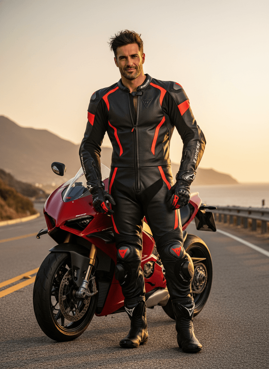A muscular motorcyclist, dressed in a full Dainese suit, boots, and gloves, but without a helmet, is handsome, dashing, 30 years old, and sexy. A muscular motorcyclist, dressed in a full Dainese suit, boots, and gloves, but without a helmet, is handsome, dashing, 30 years old, and sexy. CVY.AI