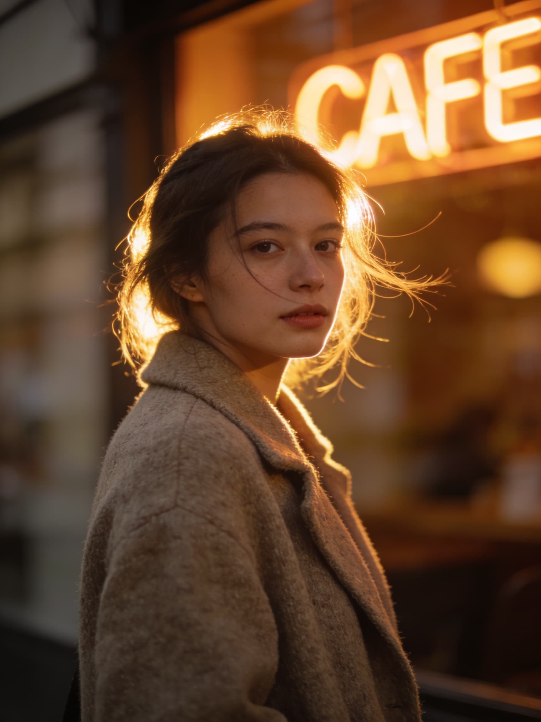 Subject: a young woman in a casual wool coat, half body, glancing toward camera
Style: cinematic realism, warm film tone
Composition: 85mm telephoto, shallow depth of field
Light: golden-hour, a glowing storefront neon sign reading "CAFE" in the blurred background, rim light on hair
Details: natural skin, windswept hair strands, no over-smoothing
Aspect ratio: 3:4 vertical Subject: a young woman in a casual wool coat, half body, glancing toward camera
Style: cinematic realism, warm film tone
Composition: 85mm telephoto, shallow depth of field
Light: golden-hour, a glowing storefront neon sign reading "CAFE" in the blurred background, rim light on hair
Details: natural skin, windswept hair strands, no over-smoothing
Aspect ratio: 3:4 vertical CVY.AI