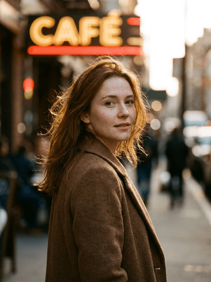 Subject: a young woman in a casual wool coat, half body, glancing toward camera
Style: cinematic realism, warm film tone
Composition: 85mm telephoto, shallow depth of field
Light: golden-hour, a glowing storefront neon sign reading "CAFE" in the blurred background, rim light on hair
Details: natural skin, windswept hair strands, no over-smoothing
Aspect ratio: 3:4 vertical Subject: a young woman in a casual wool coat, half body, glancing toward camera
Style: cinematic realism, warm film tone
Composition: 85mm telephoto, shallow depth of field
Light: golden-hour, a glowing storefront neon sign reading "CAFE" in the blurred background, rim light on hair
Details: natural skin, windswept hair strands, no over-smoothing
Aspect ratio: 3:4 vertical CVY.AI