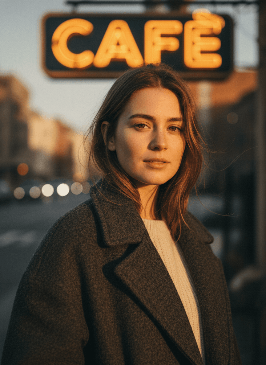 Subject: a young woman in a casual wool coat, half body, glancing toward camera
Style: cinematic realism, warm film tone
Composition: 85mm telephoto, shallow depth of field
Light: golden-hour, a glowing storefront neon sign reading "CAFE" in the blurred background, rim light on hair
Details: natural skin, windswept hair strands, no over-smoothing
Aspect ratio: 3:4 vertical Subject: a young woman in a casual wool coat, half body, glancing toward camera
Style: cinematic realism, warm film tone
Composition: 85mm telephoto, shallow depth of field
Light: golden-hour, a glowing storefront neon sign reading "CAFE" in the blurred background, rim light on hair
Details: natural skin, windswept hair strands, no over-smoothing
Aspect ratio: 3:4 vertical CVY.AI