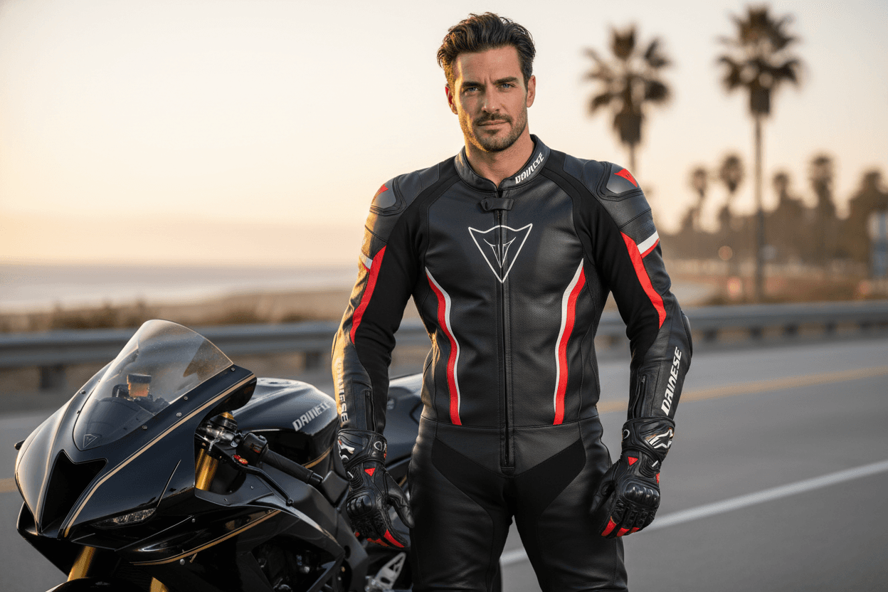 A muscular motorcyclist, dressed in a full Dainese suit, boots, and gloves, but without a helmet, is handsome, dashing, 30 years old, and sexy. A muscular motorcyclist, dressed in a full Dainese suit, boots, and gloves, but without a helmet, is handsome, dashing, 30 years old, and sexy. CVY.AI