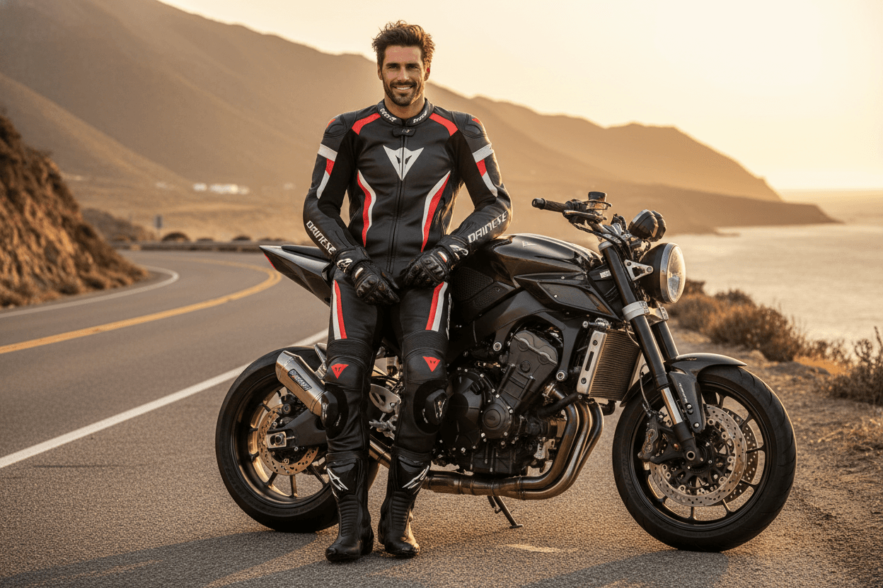 A muscular motorcyclist, dressed in a full Dainese suit, boots, and gloves, but without a helmet, is handsome, dashing, 30 years old, and sexy. A muscular motorcyclist, dressed in a full Dainese suit, boots, and gloves, but without a helmet, is handsome, dashing, 30 years old, and sexy. CVY.AI