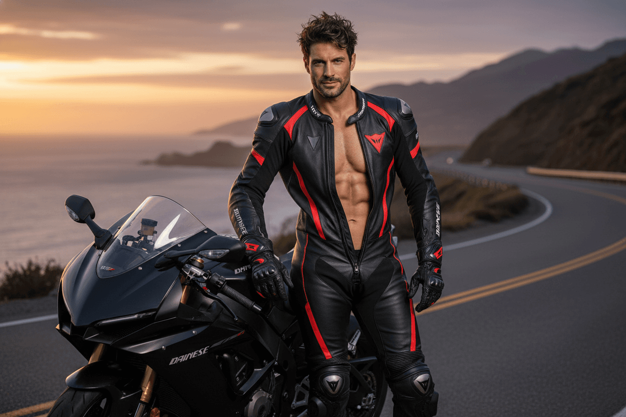 A muscular motorcyclist, dressed in a full Dainese suit, boots, and gloves, but without a helmet, is handsome, dashing, 30 years old, and sexy. A muscular motorcyclist, dressed in a full Dainese suit, boots, and gloves, but without a helmet, is handsome, dashing, 30 years old, and sexy. CVY.AI